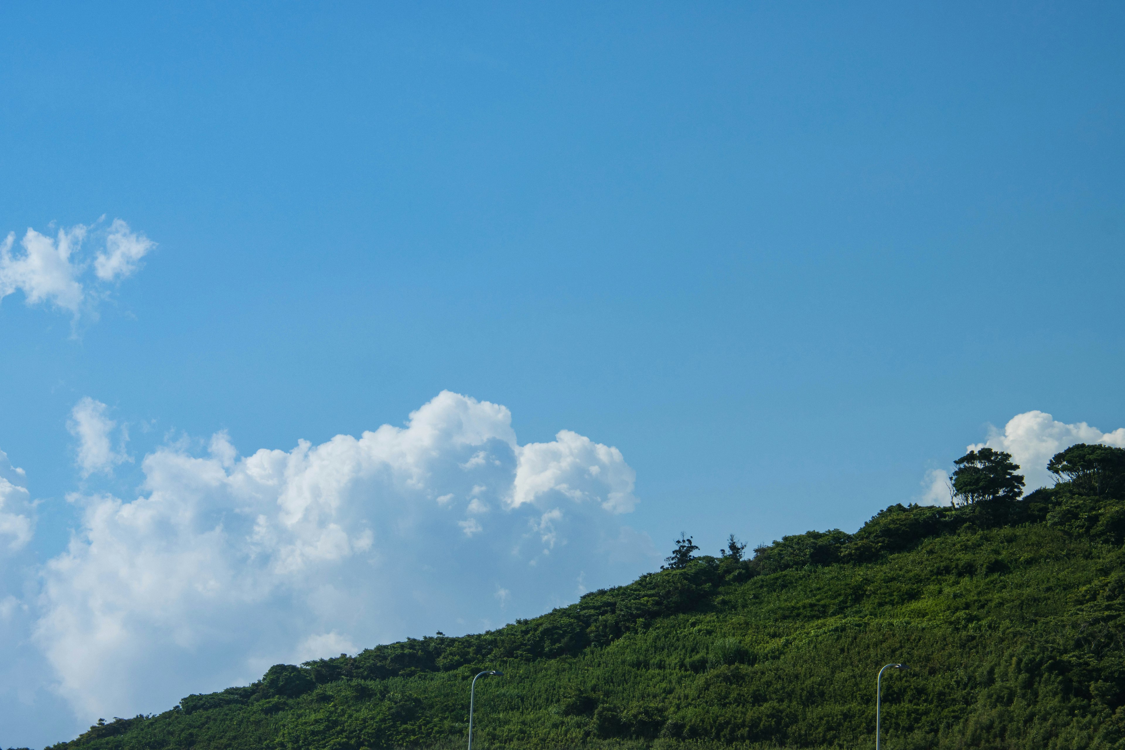 Paisaje con cielo azul y colina verde