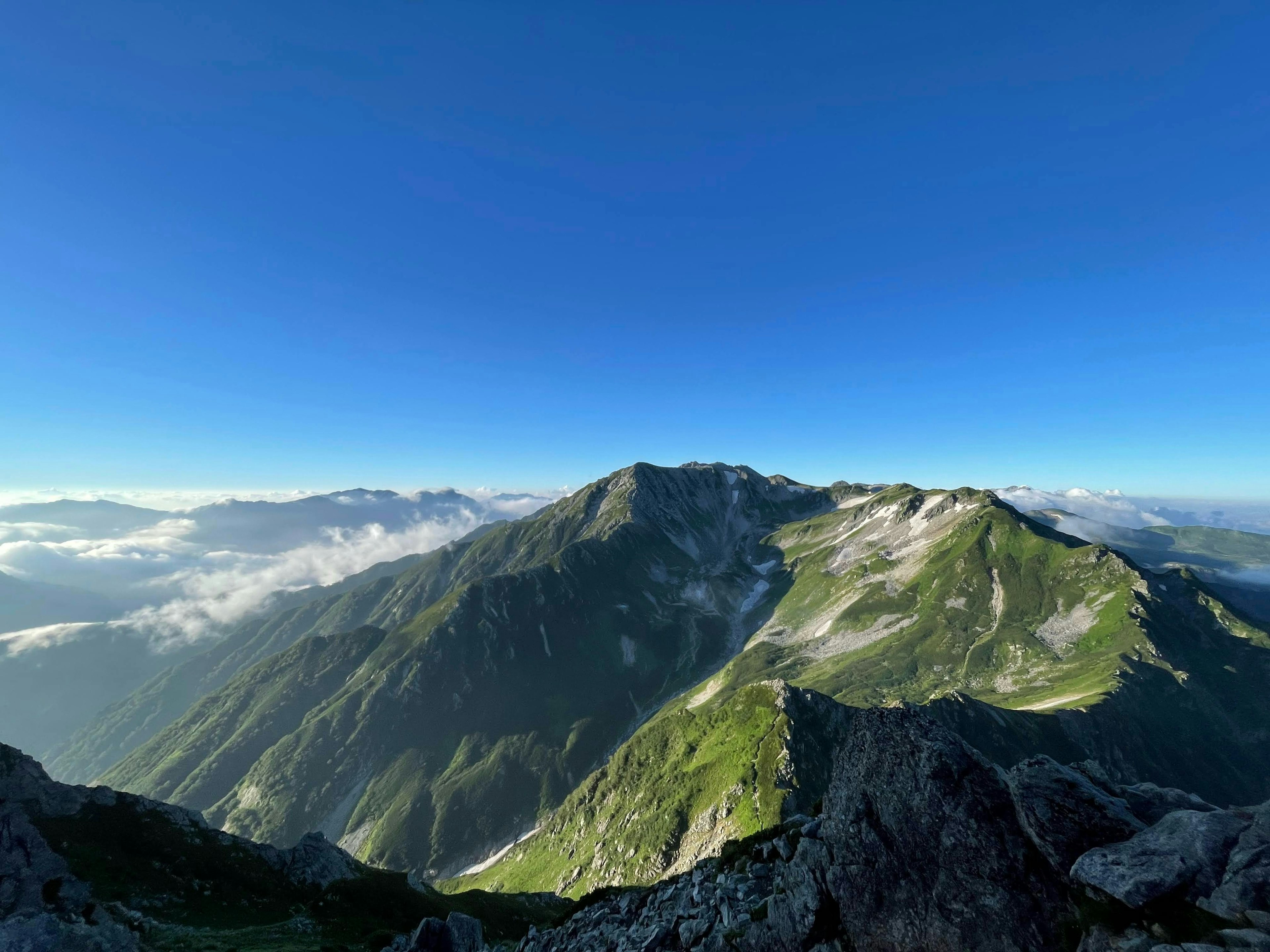 Vue panoramique de montagnes et de prairies vertes sous un ciel bleu dégagé