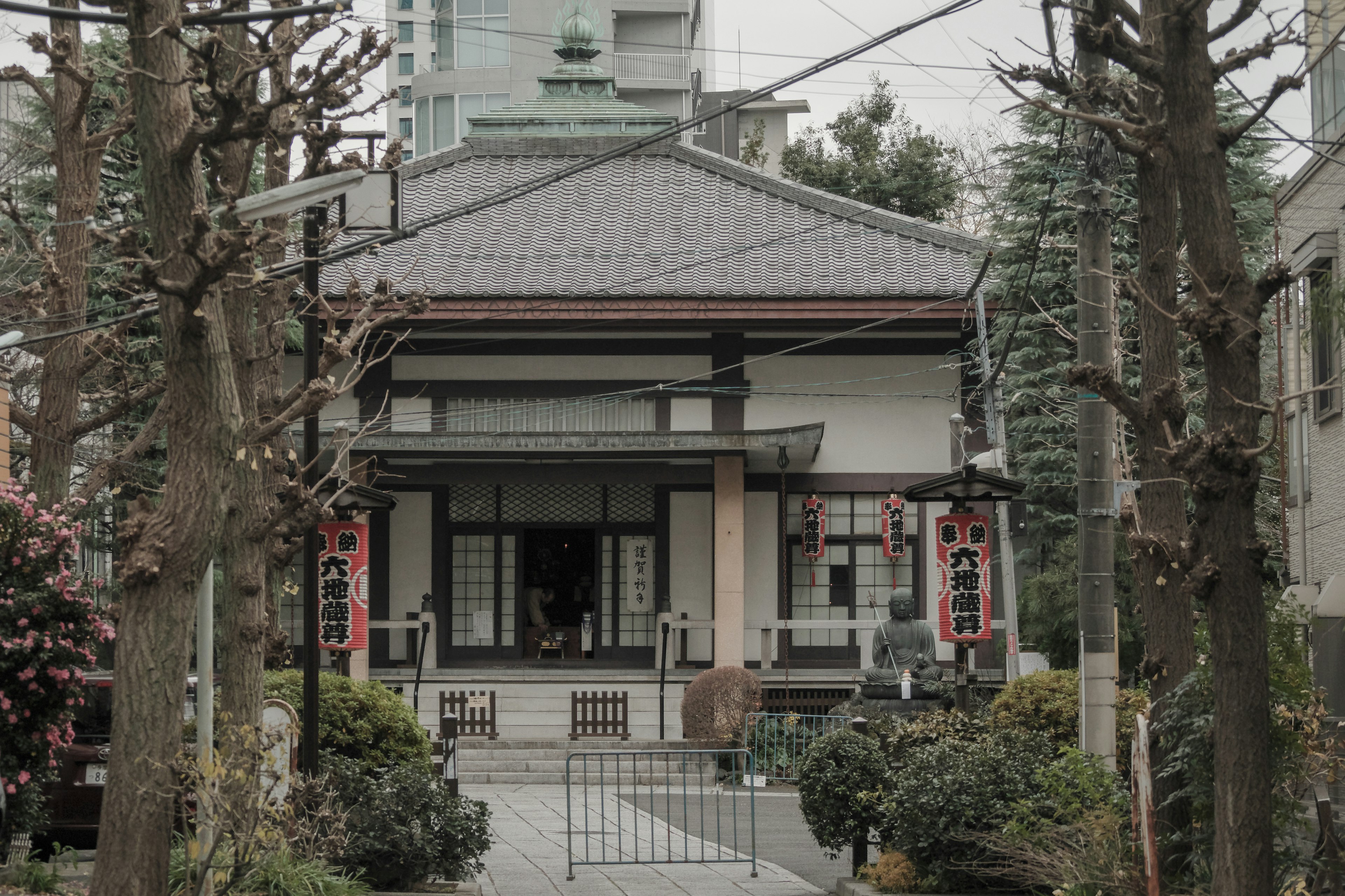 伝統的な日本の家屋が見える庭と木々がある風景