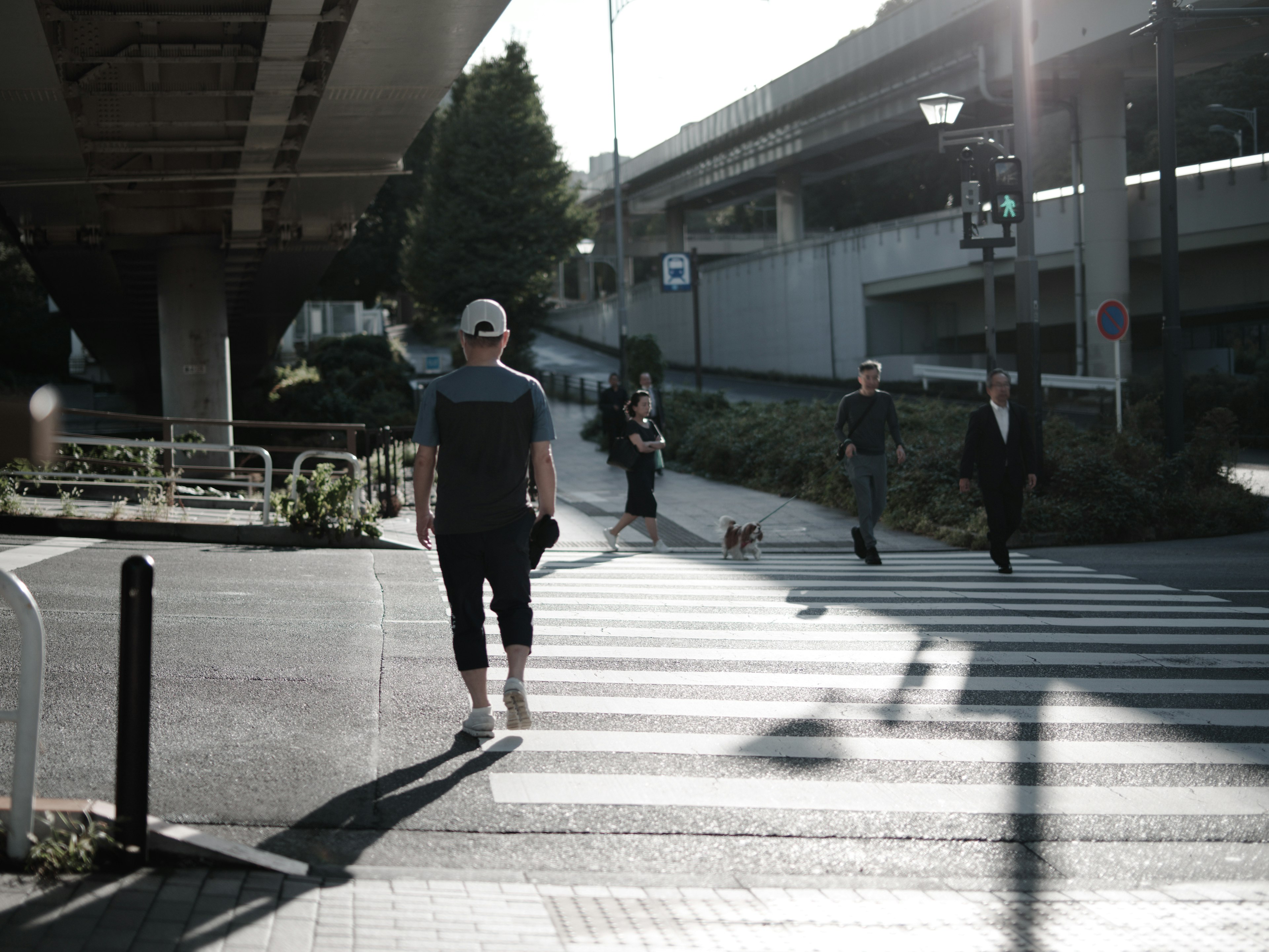 People walking at a city crosswalk with an overpass in the background