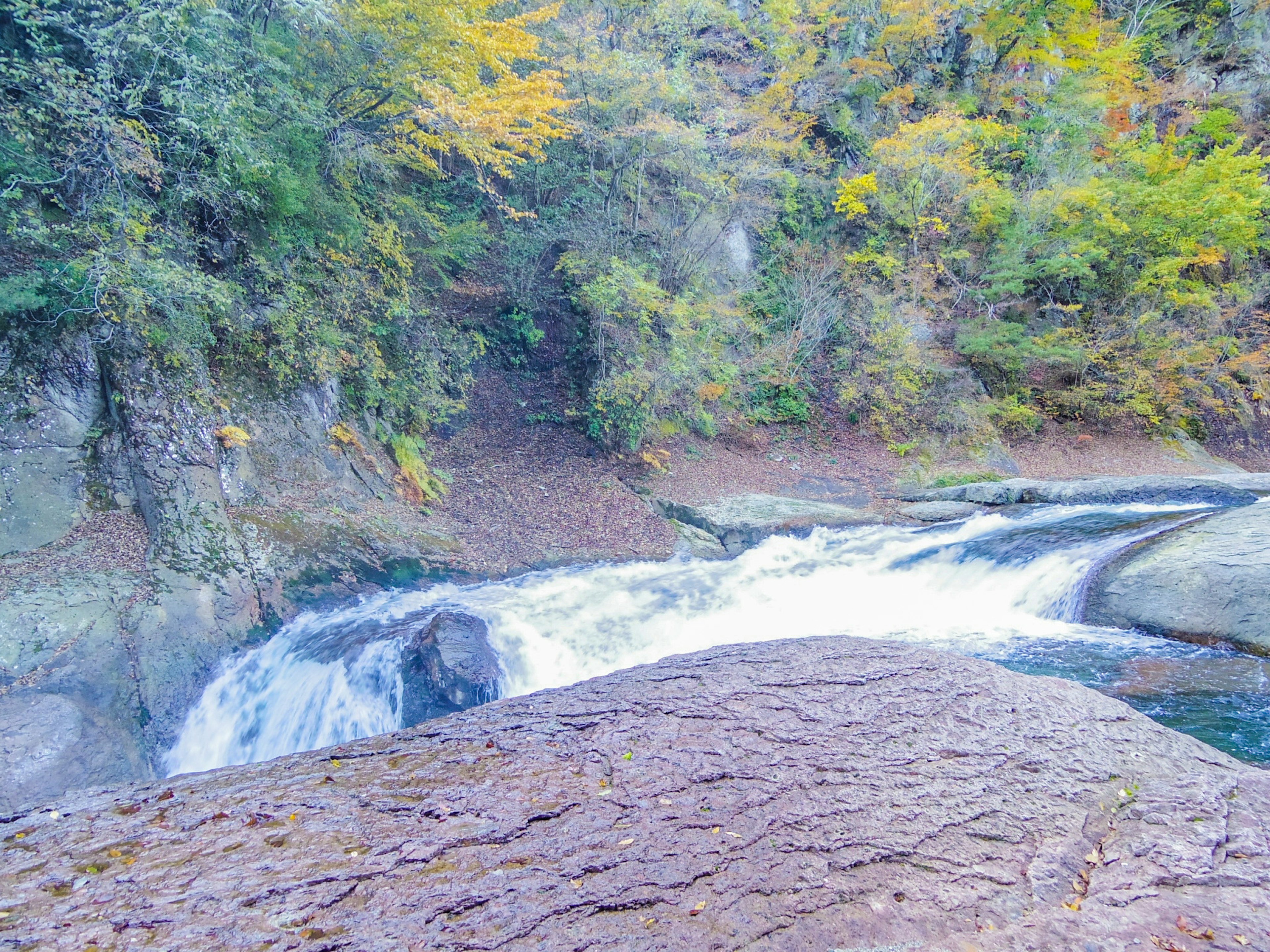 Vista escénica de un río con una cascada rodeada de follaje otoñal colorido