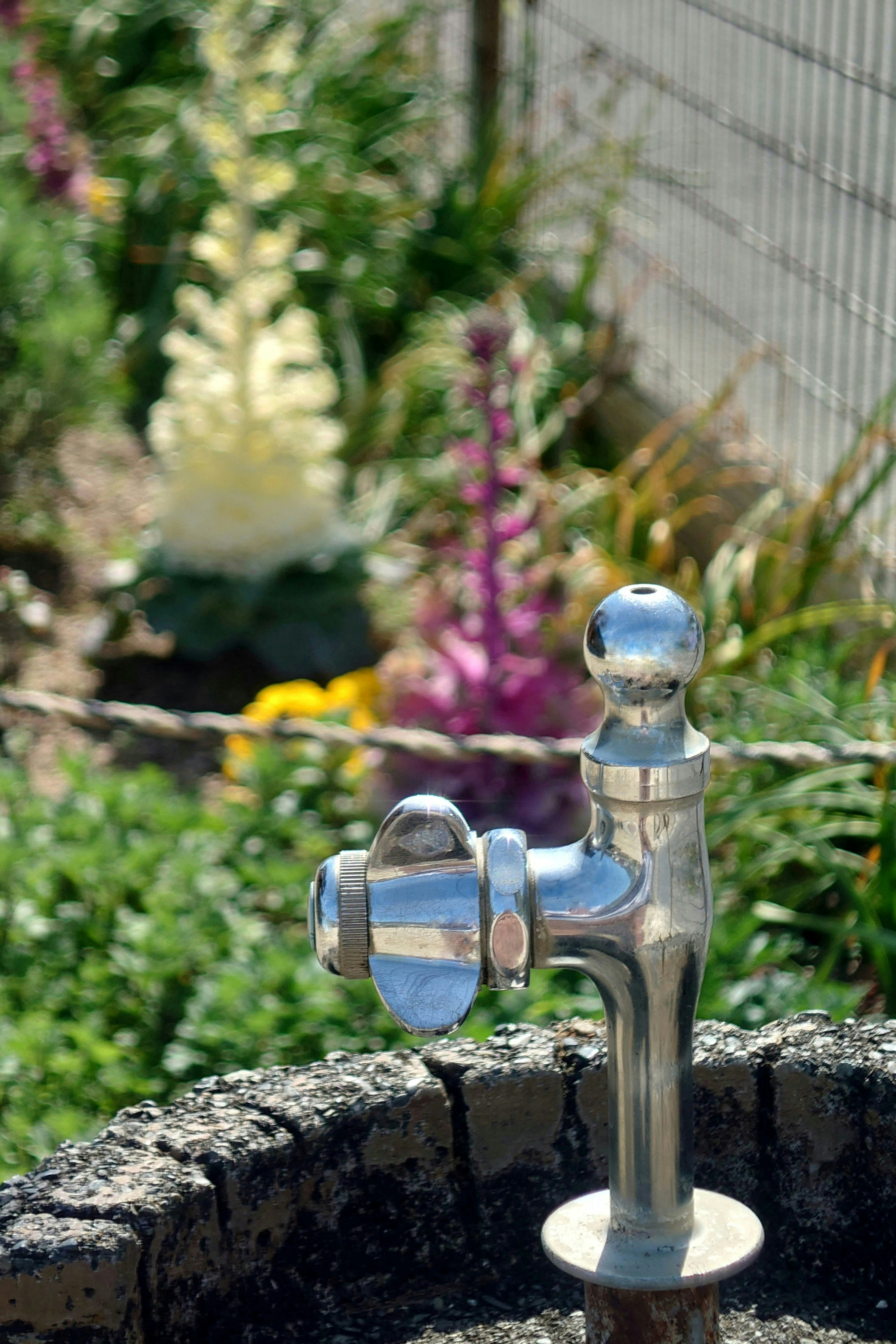 鮮やかな花々の背景にある銀色の水栓