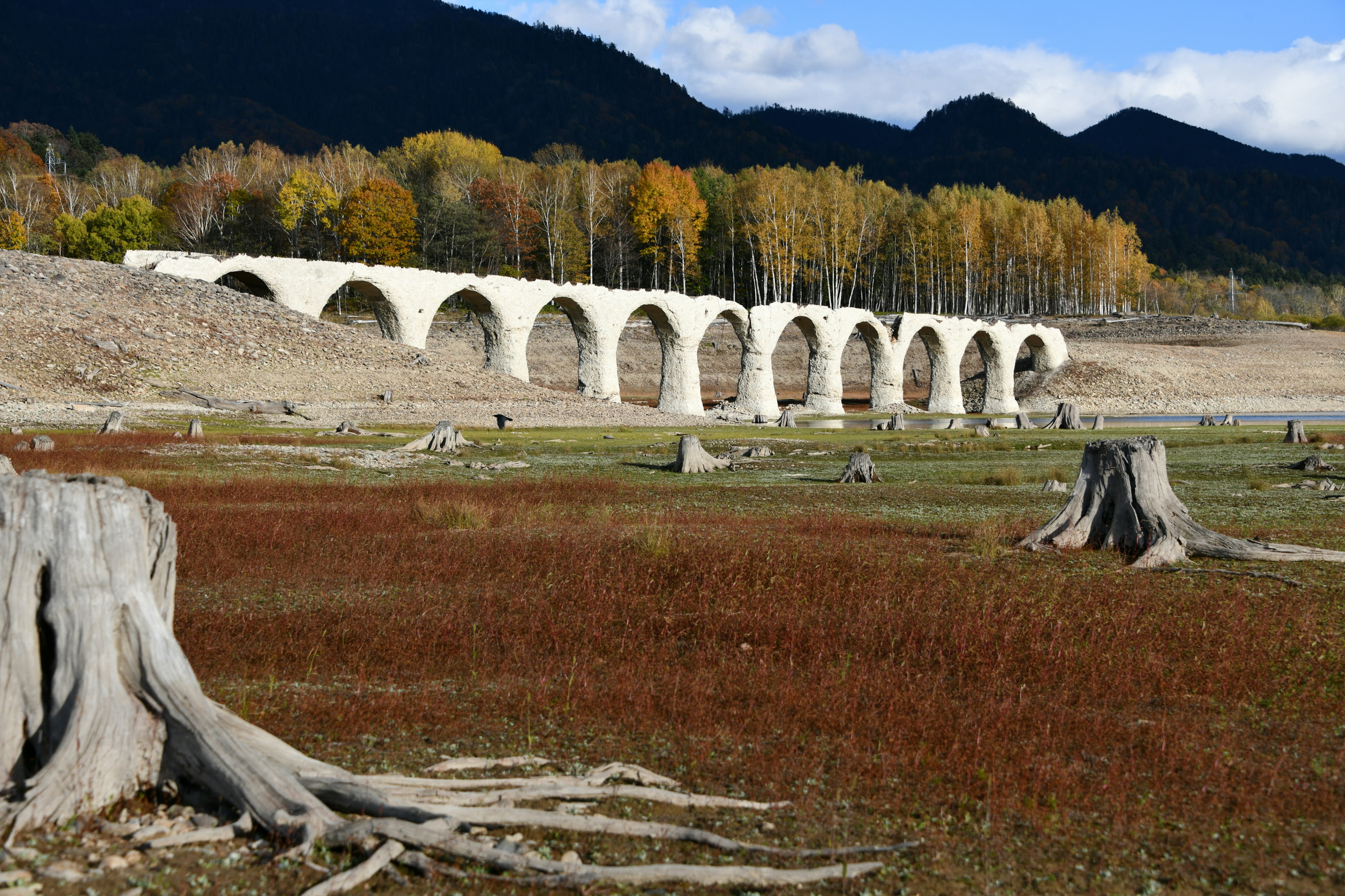 Old arched bridge on the dry lake shore surrounded by autumn trees