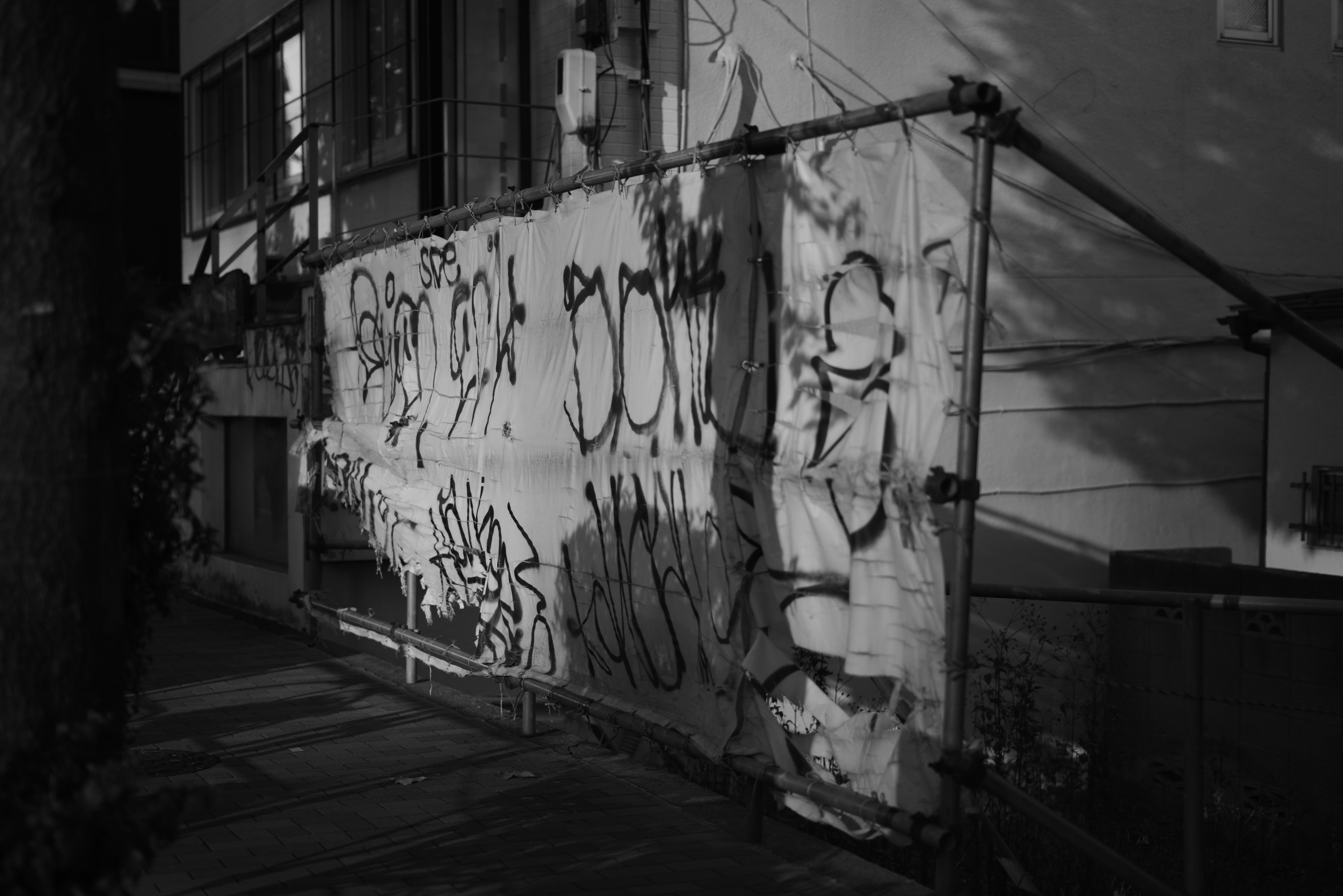 Graffiti en noir et blanc sur un mur de construction à côté d'un bâtiment