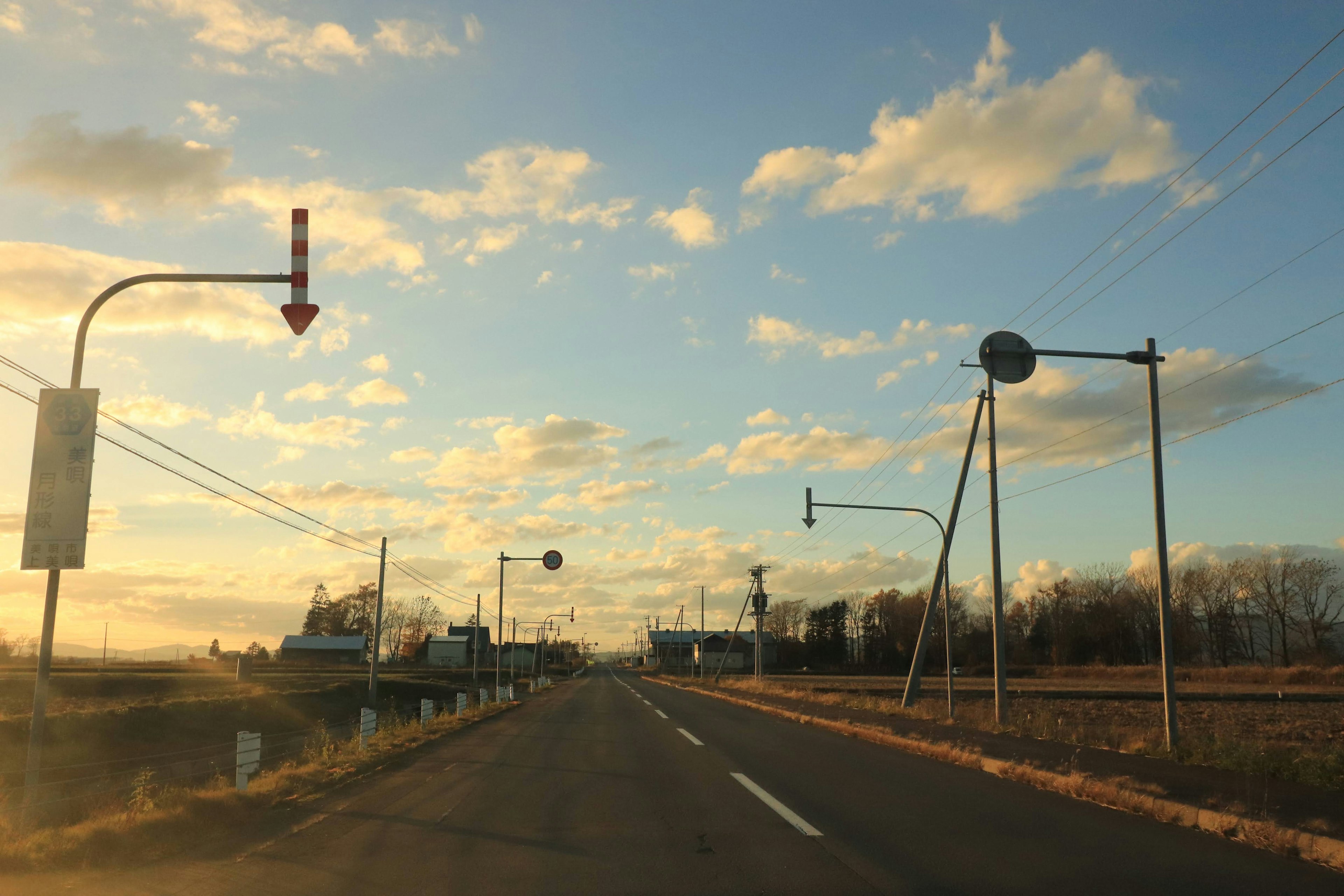 Road with traffic signs under a sunset sky