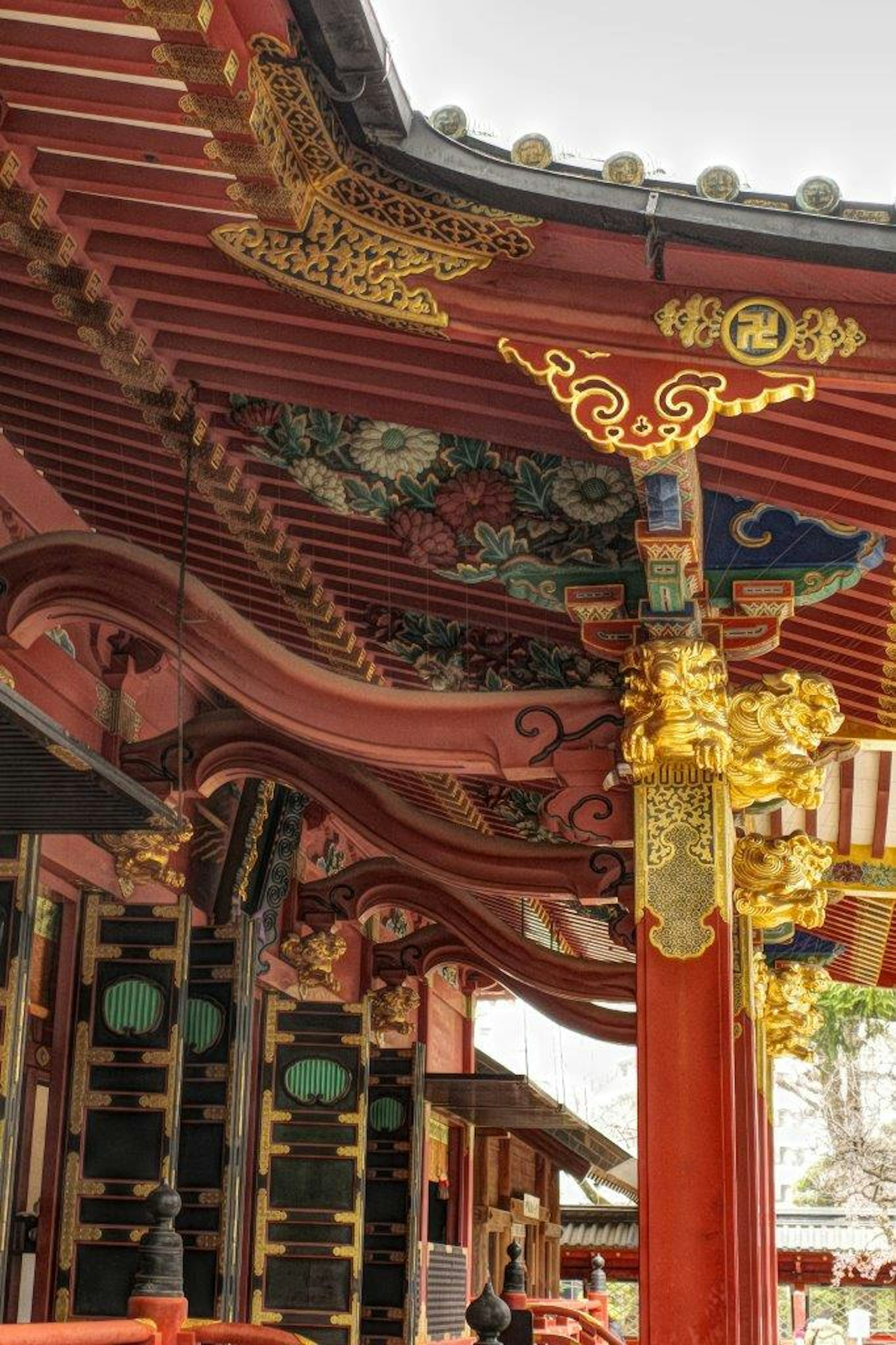 Colorful pillars and decorations of a traditional Japanese building