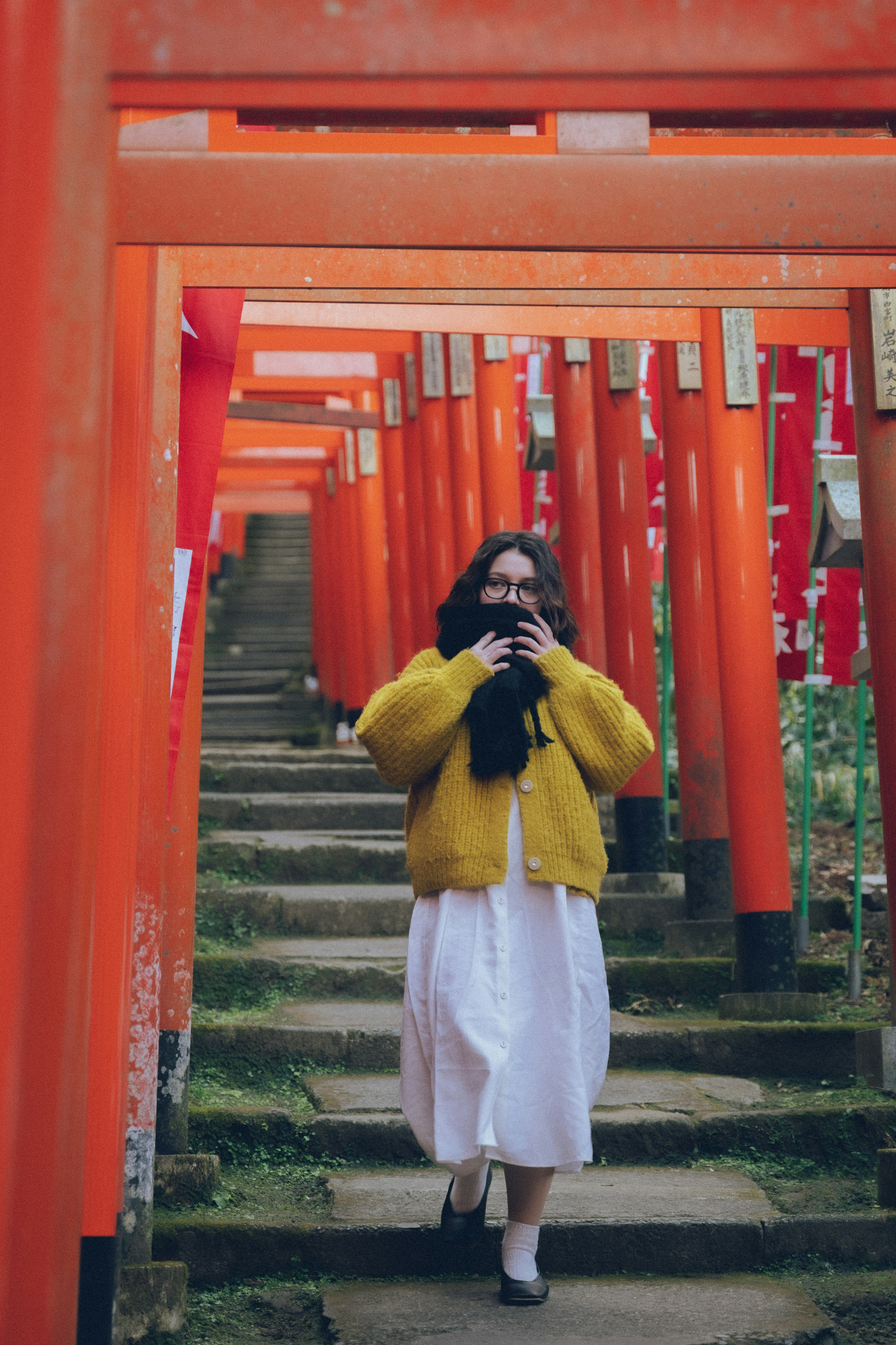 Una donna con giacca gialla che sale le scale circondata da torii rossi