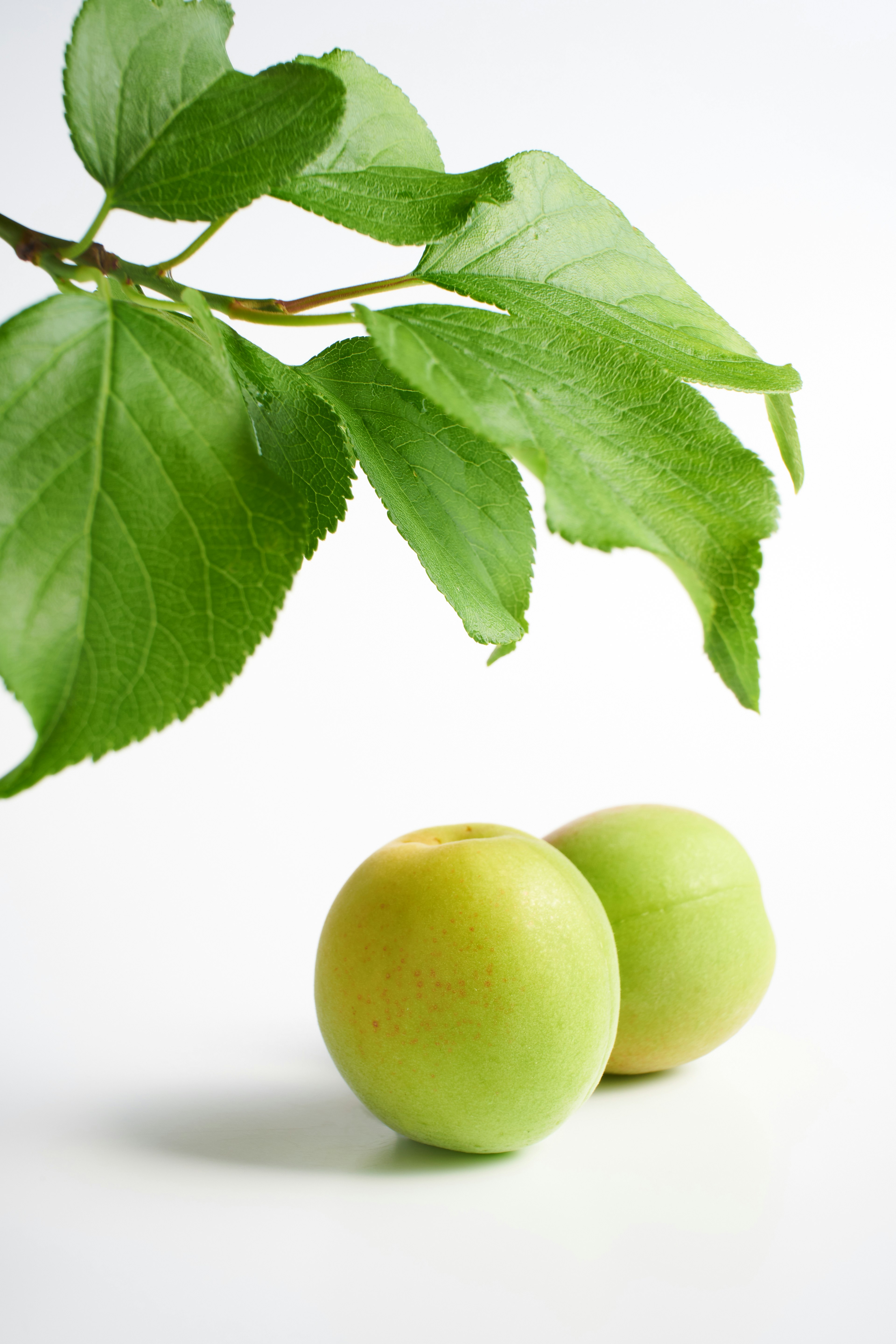 Frutas verdes con hojas en un entorno minimalista