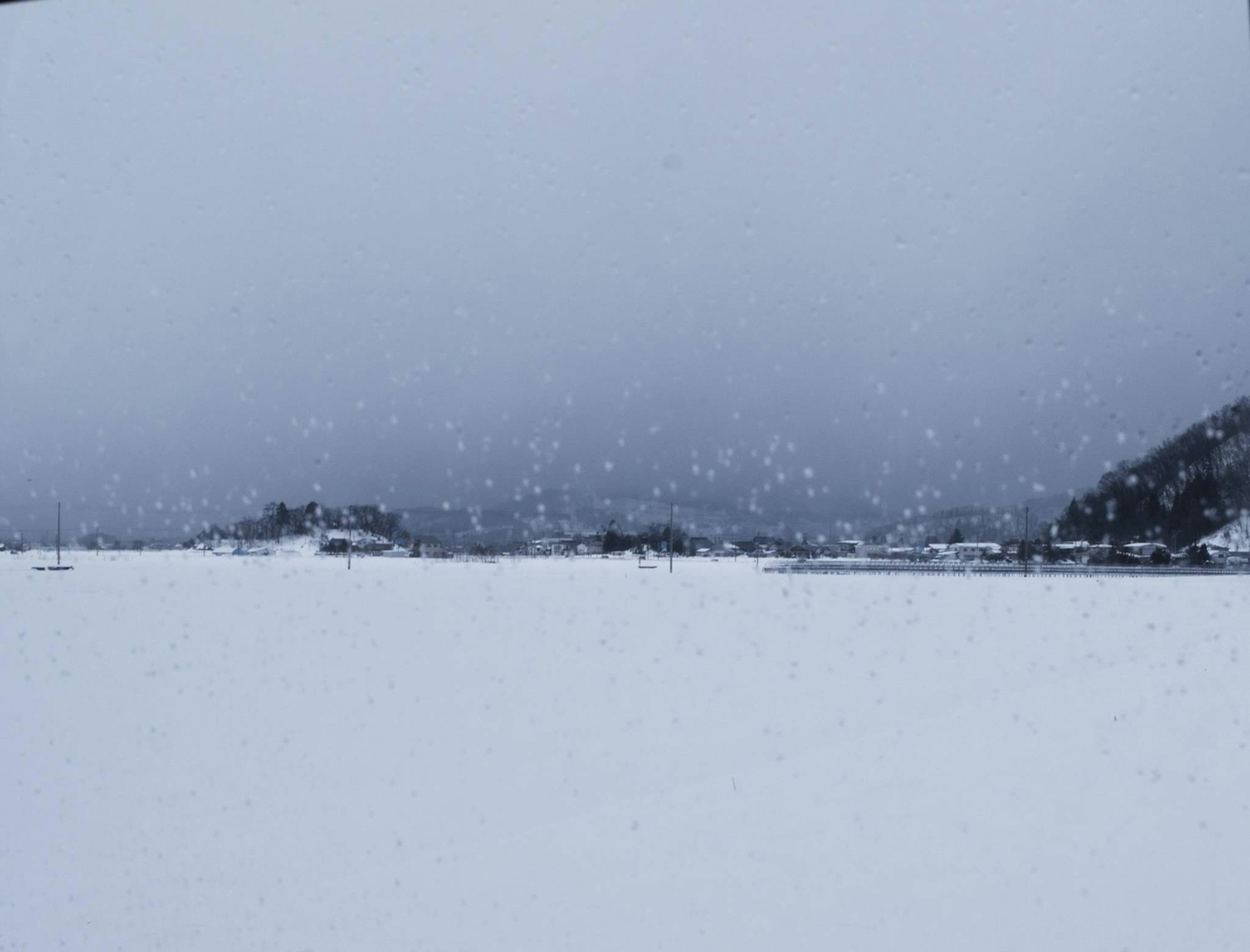 Paesaggio coperto di neve con neve che cade e cielo nuvoloso