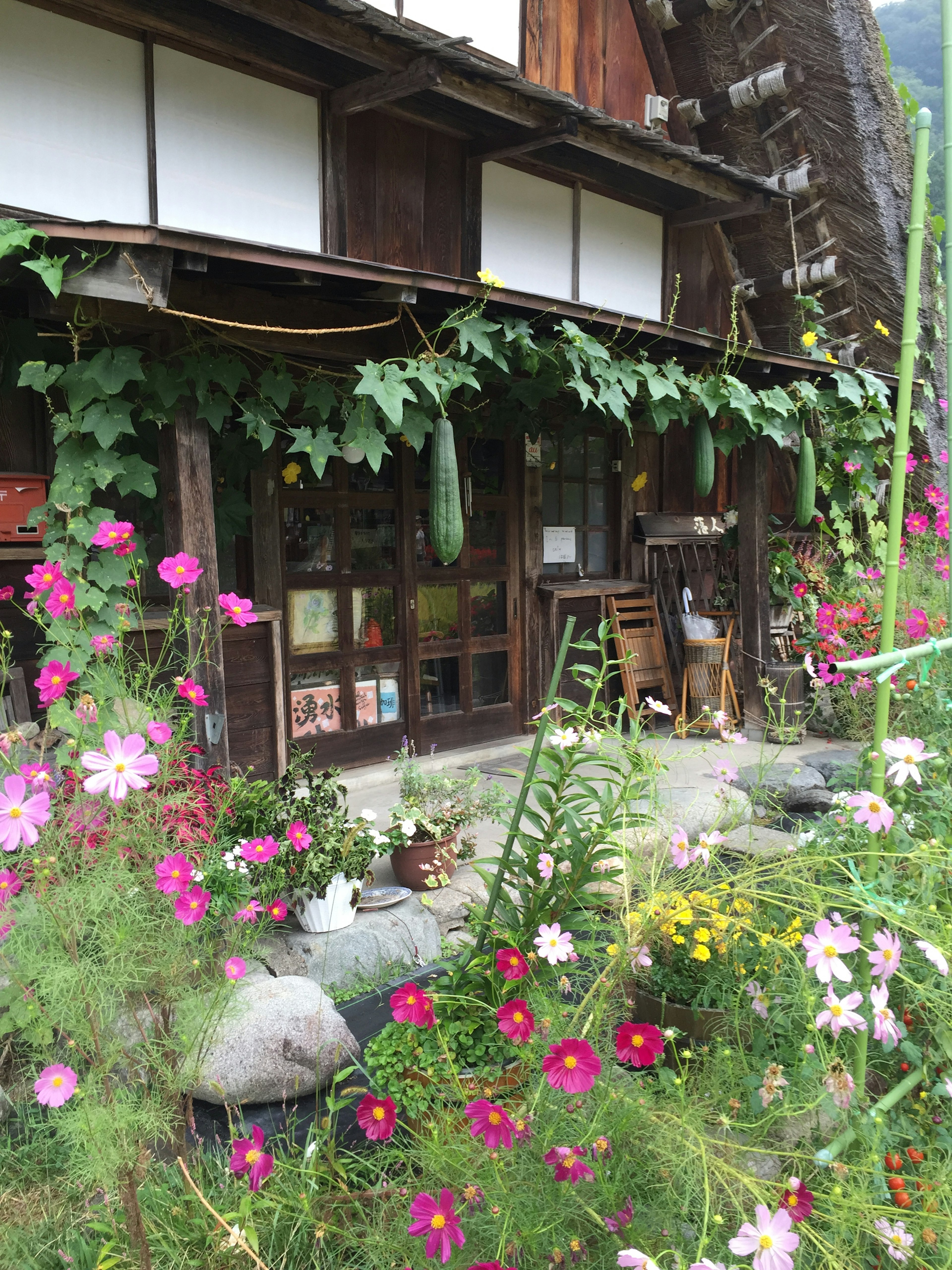 古い木造の家と色とりどりの花が咲いている庭