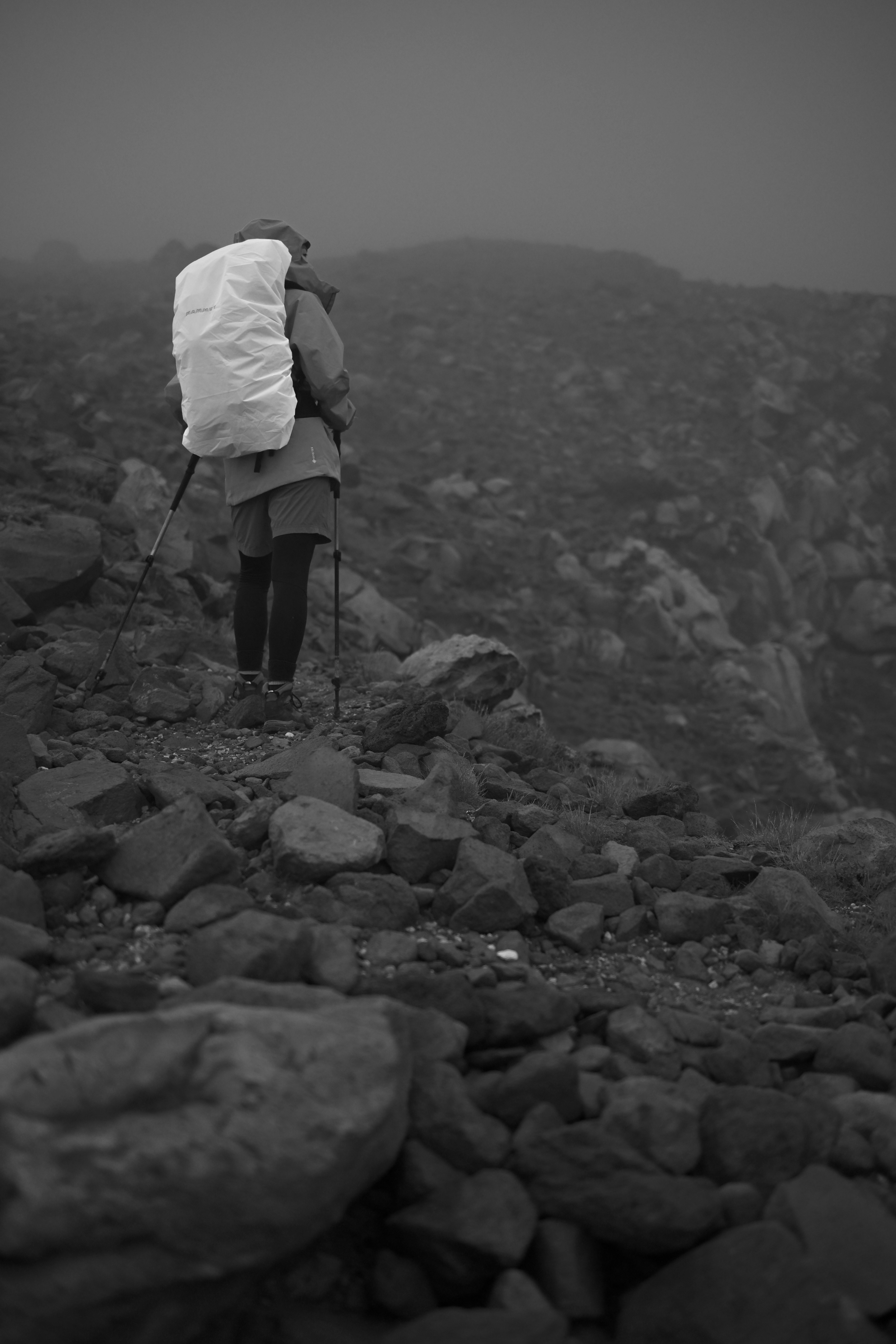 霧の中で岩の上に立つ登山者 白いバックパックを背負っている