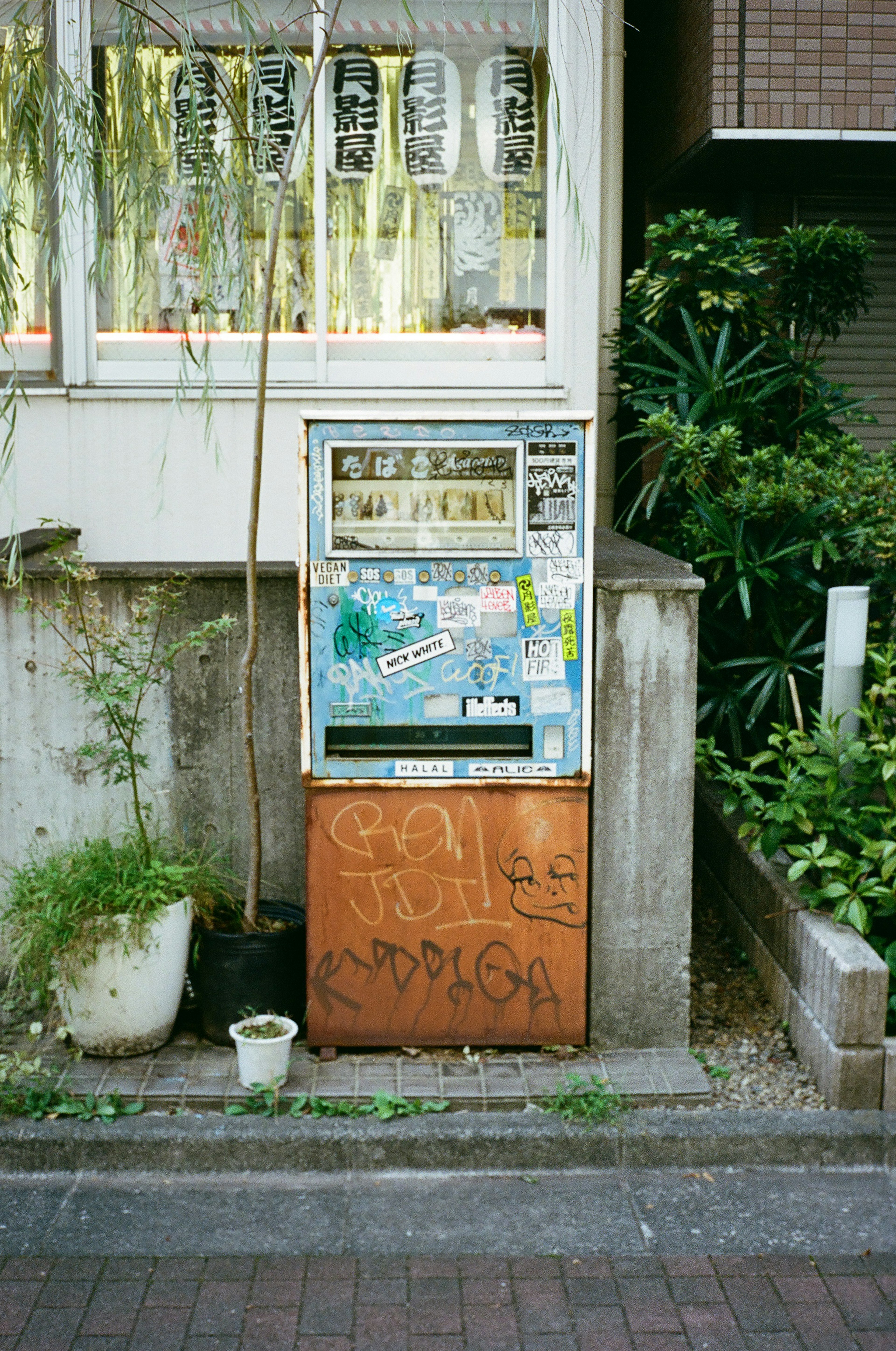 A vintage vending machine with posters and greenery in a city setting