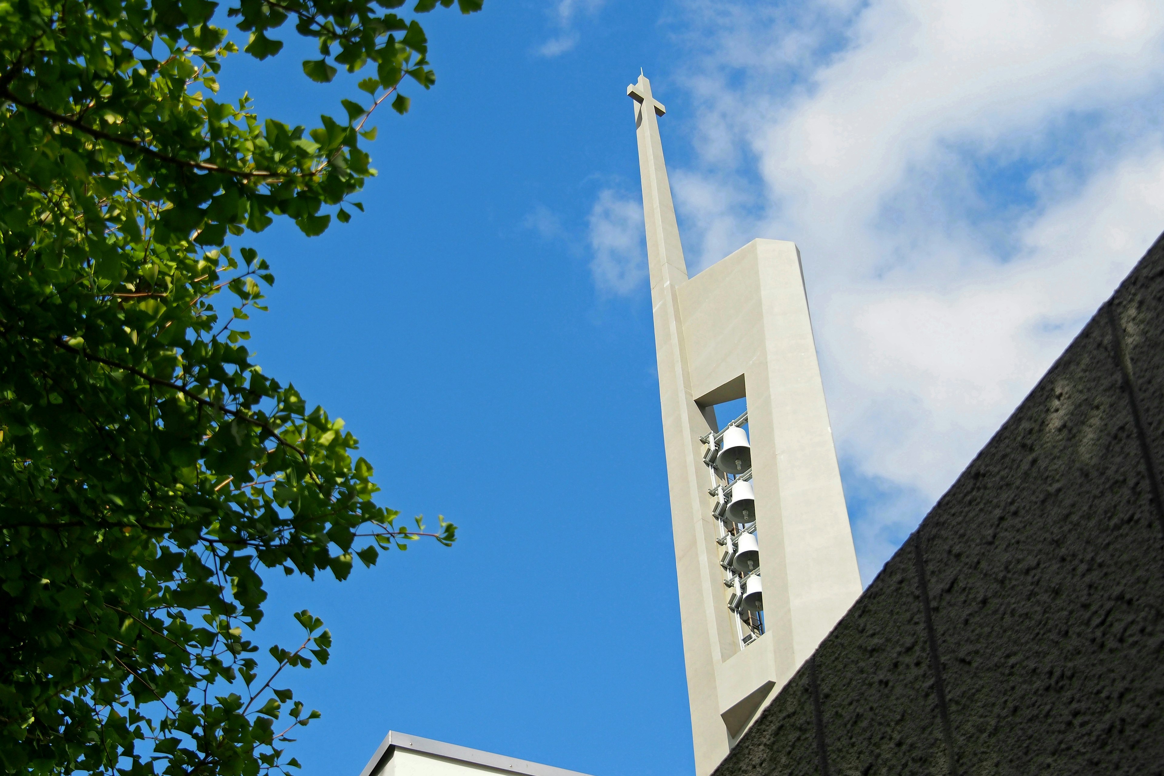 Menara gereja di bawah langit biru dikelilingi pepohonan hijau