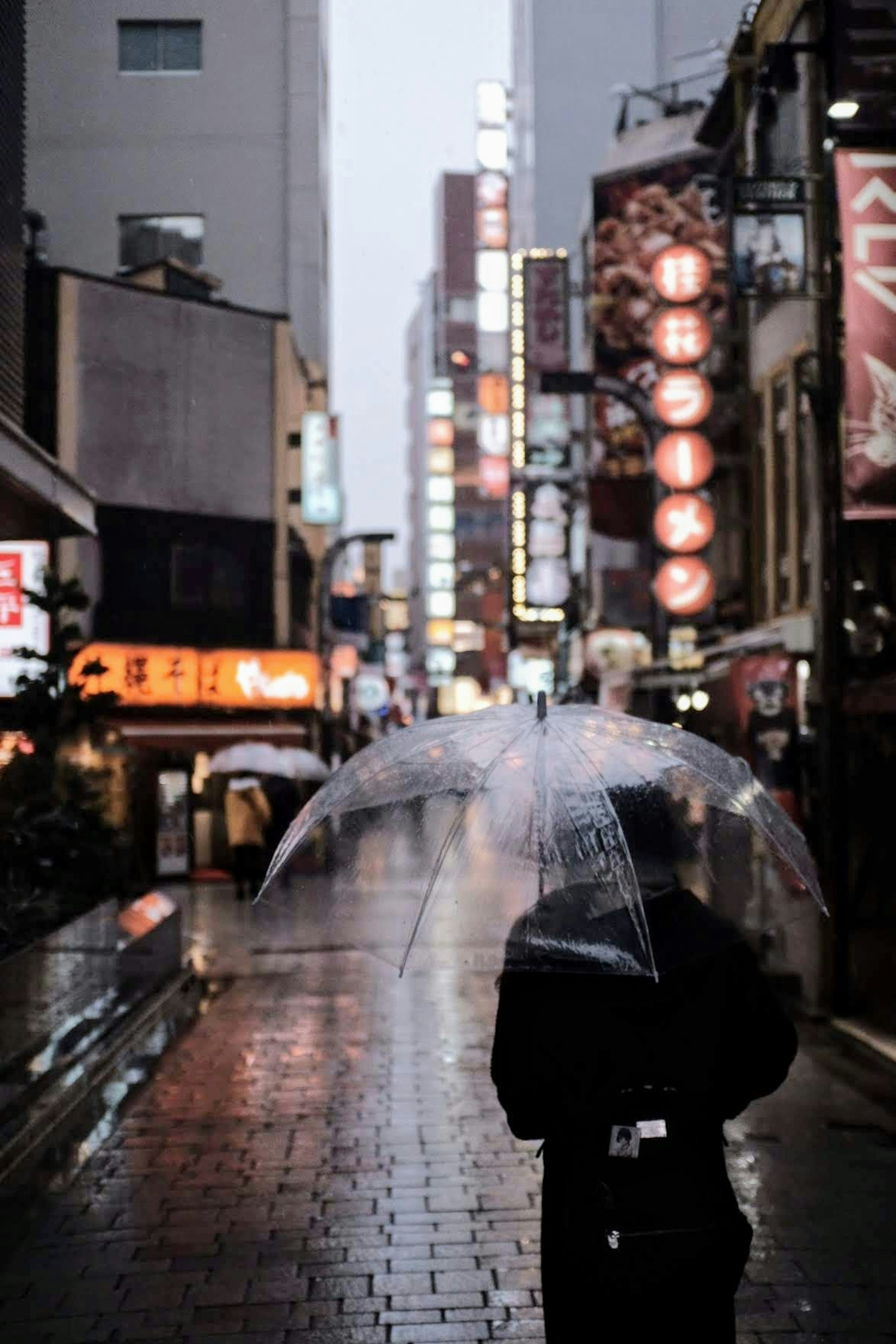 雨の中で傘を持つ人が街を歩いている風景