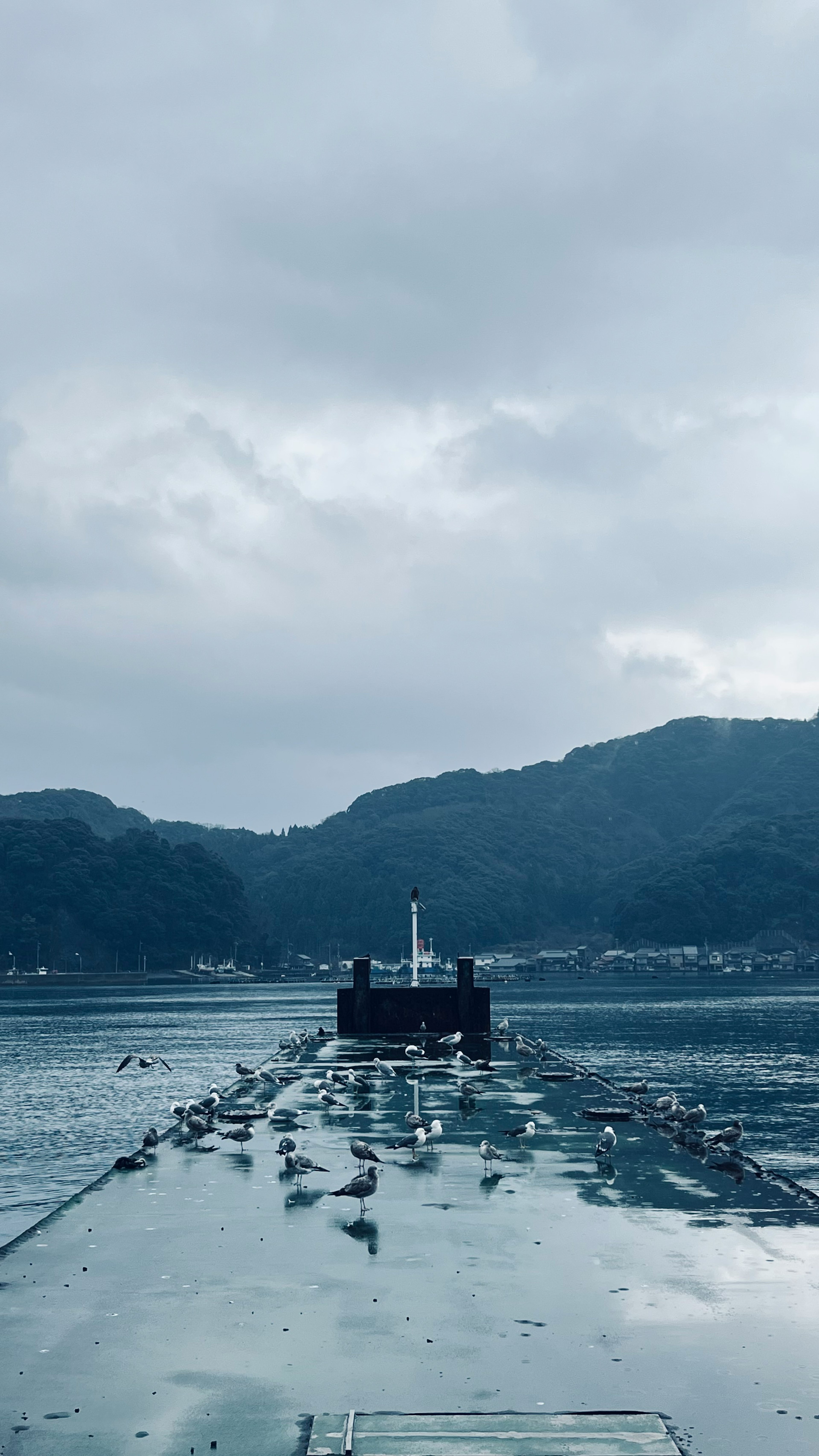 海に浮かぶ船と周囲の山々の風景