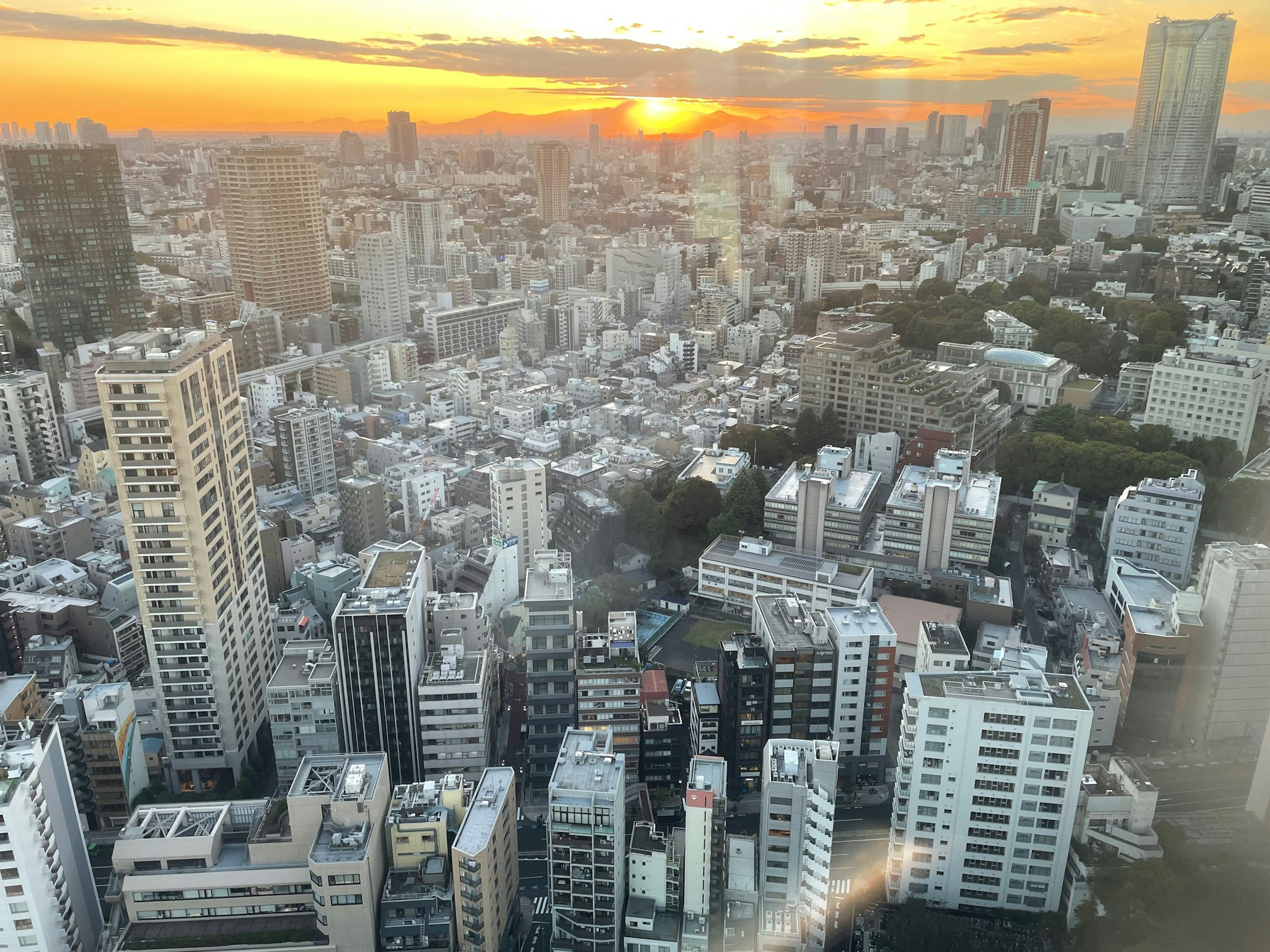 Tokio Skyline bei Sonnenuntergang mit Hochhäusern und Wohngebieten