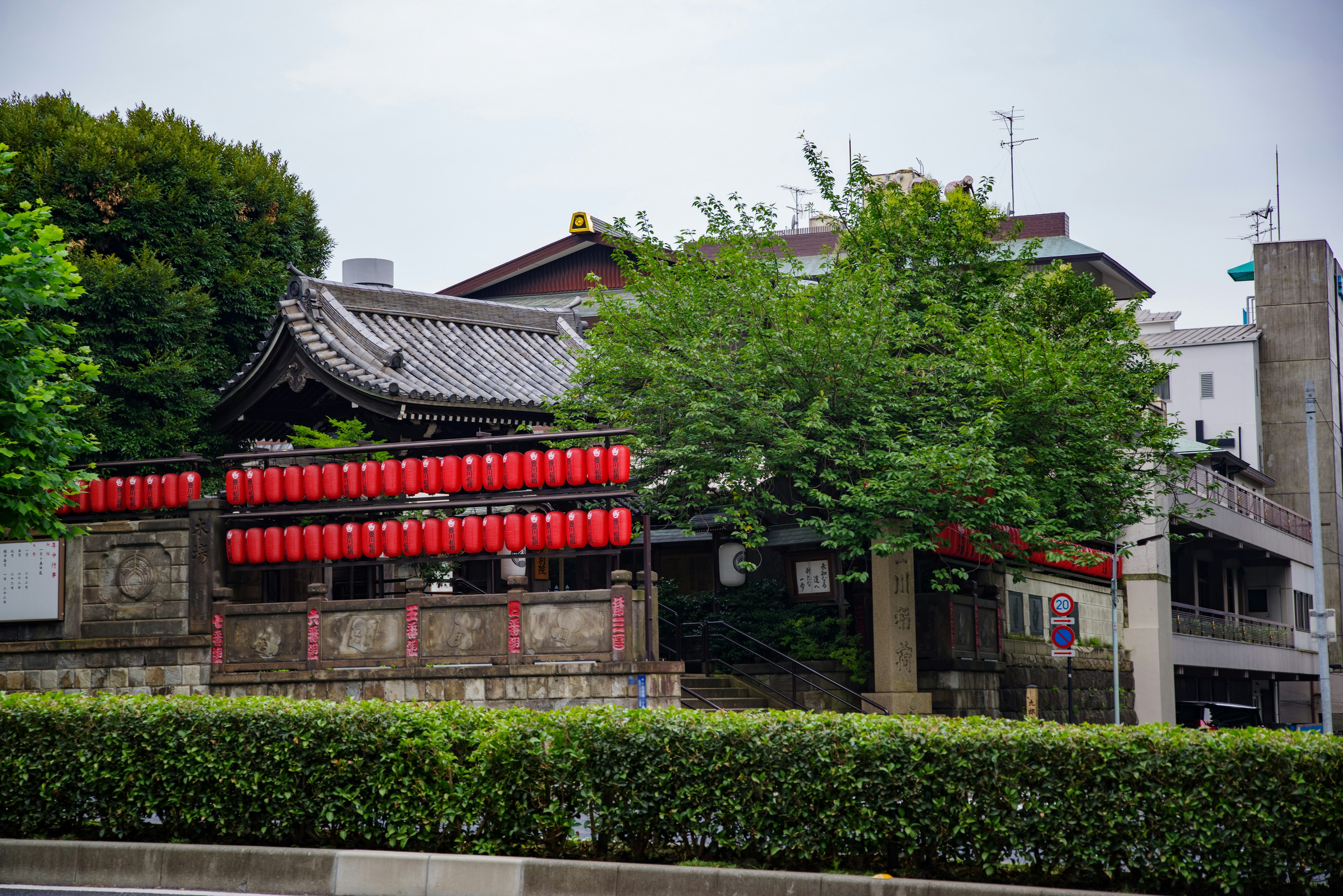 Edificio japonés tradicional decorado con linternas rojas y árboles verdes exuberantes