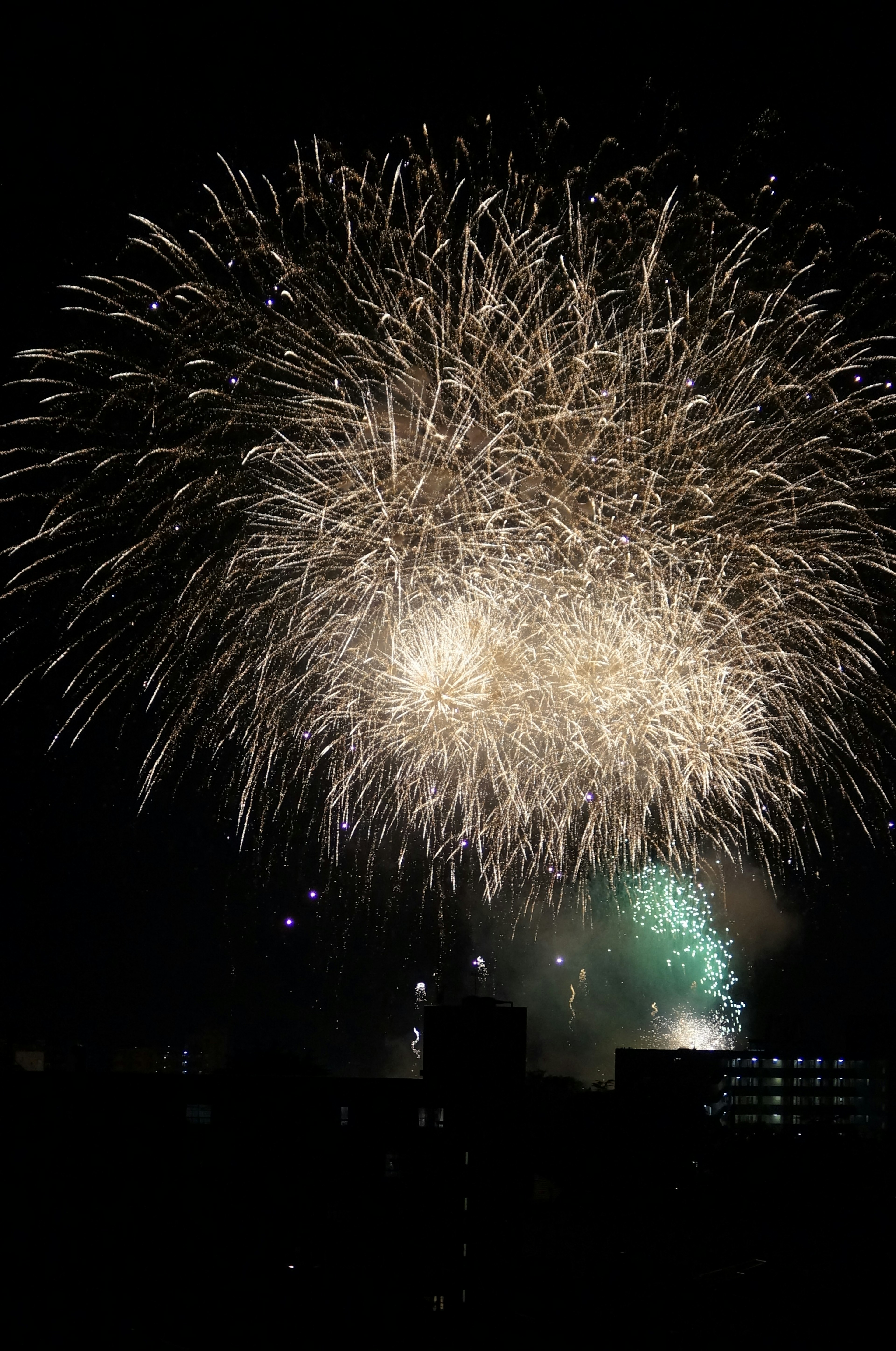 夜空中绚丽的烟花表演，色彩鲜艳