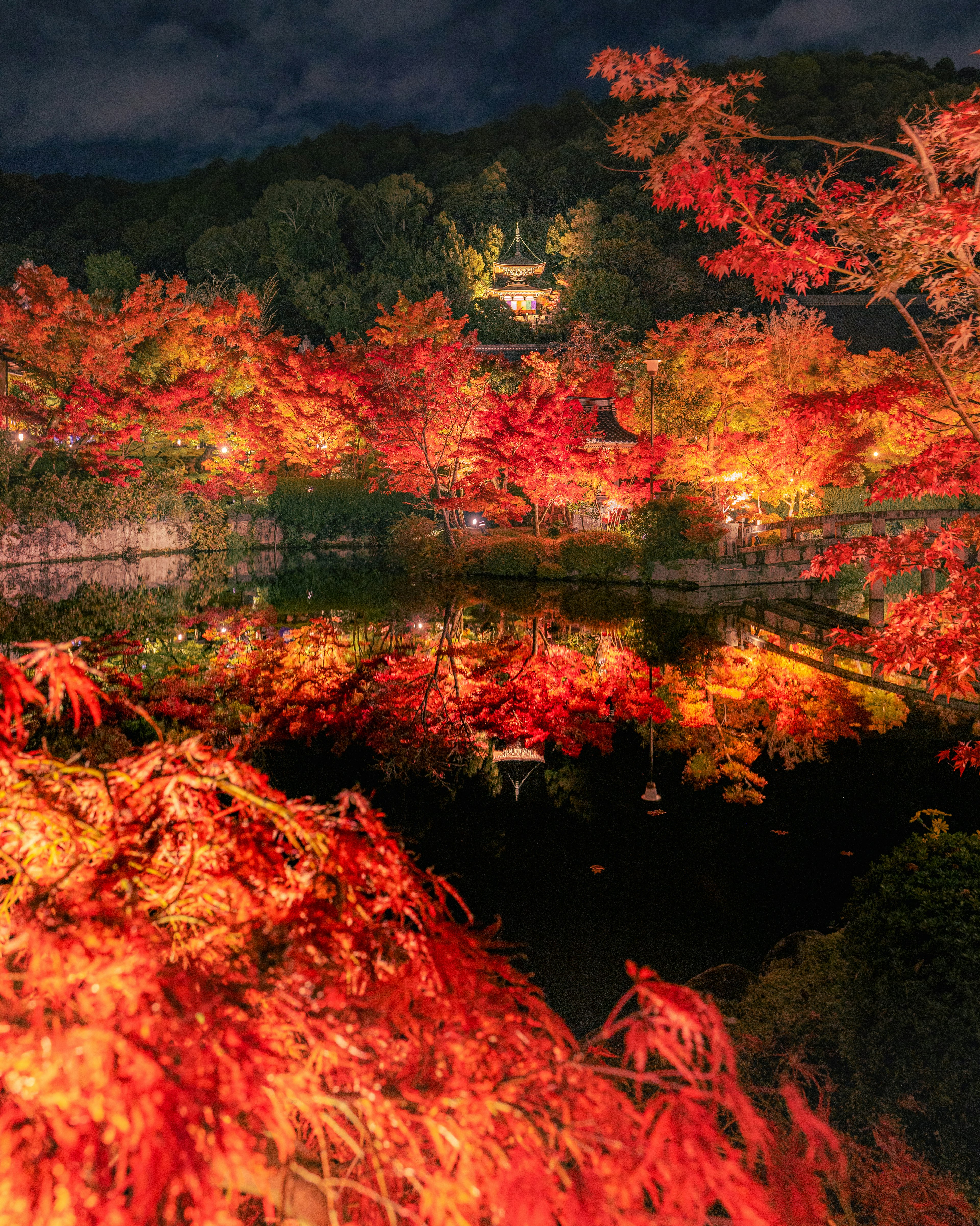 夜の紅葉に包まれた池と寺院の美しい風景