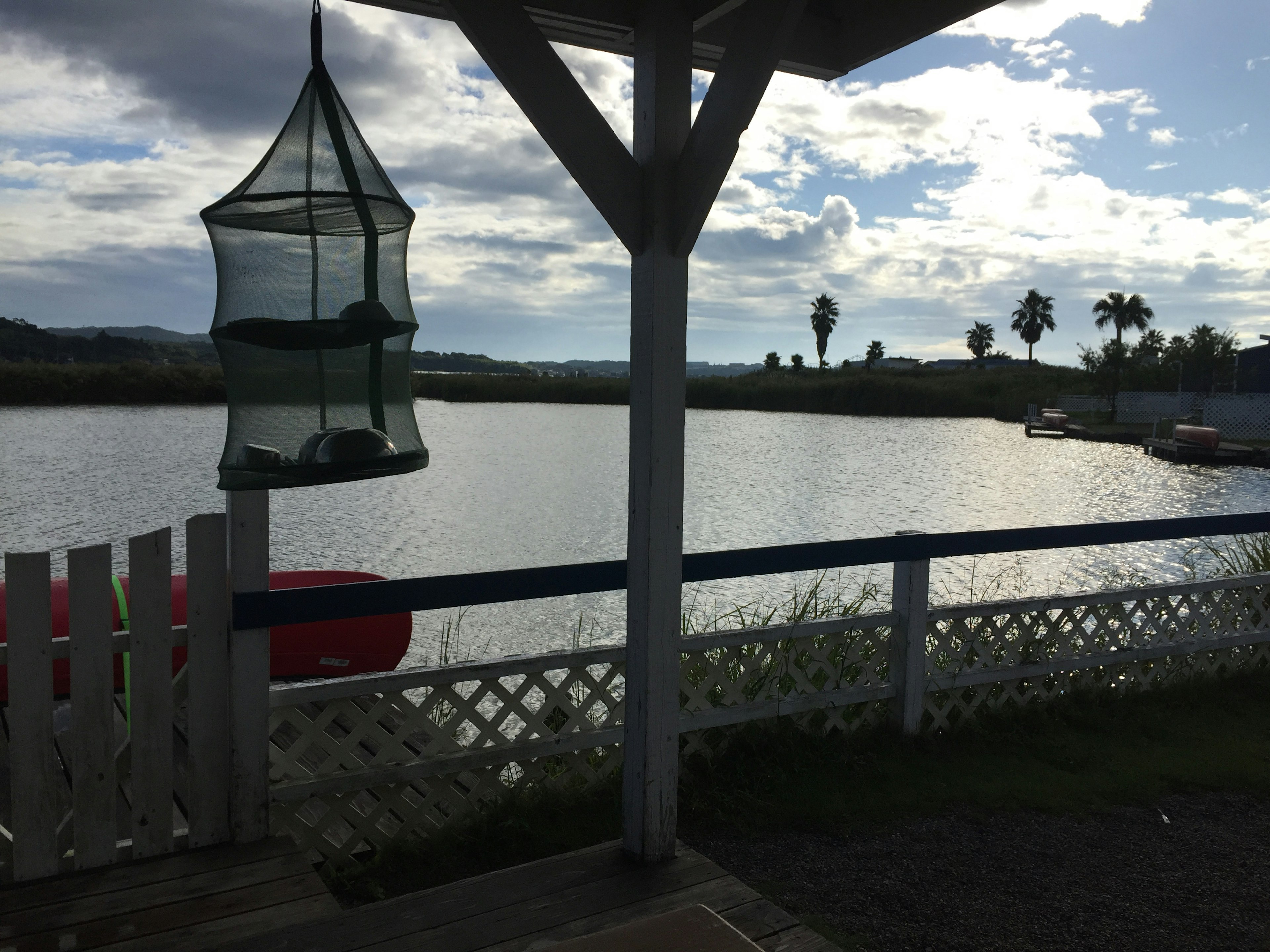 Vista escénica de un lago con palmeras y un comedero decorativo