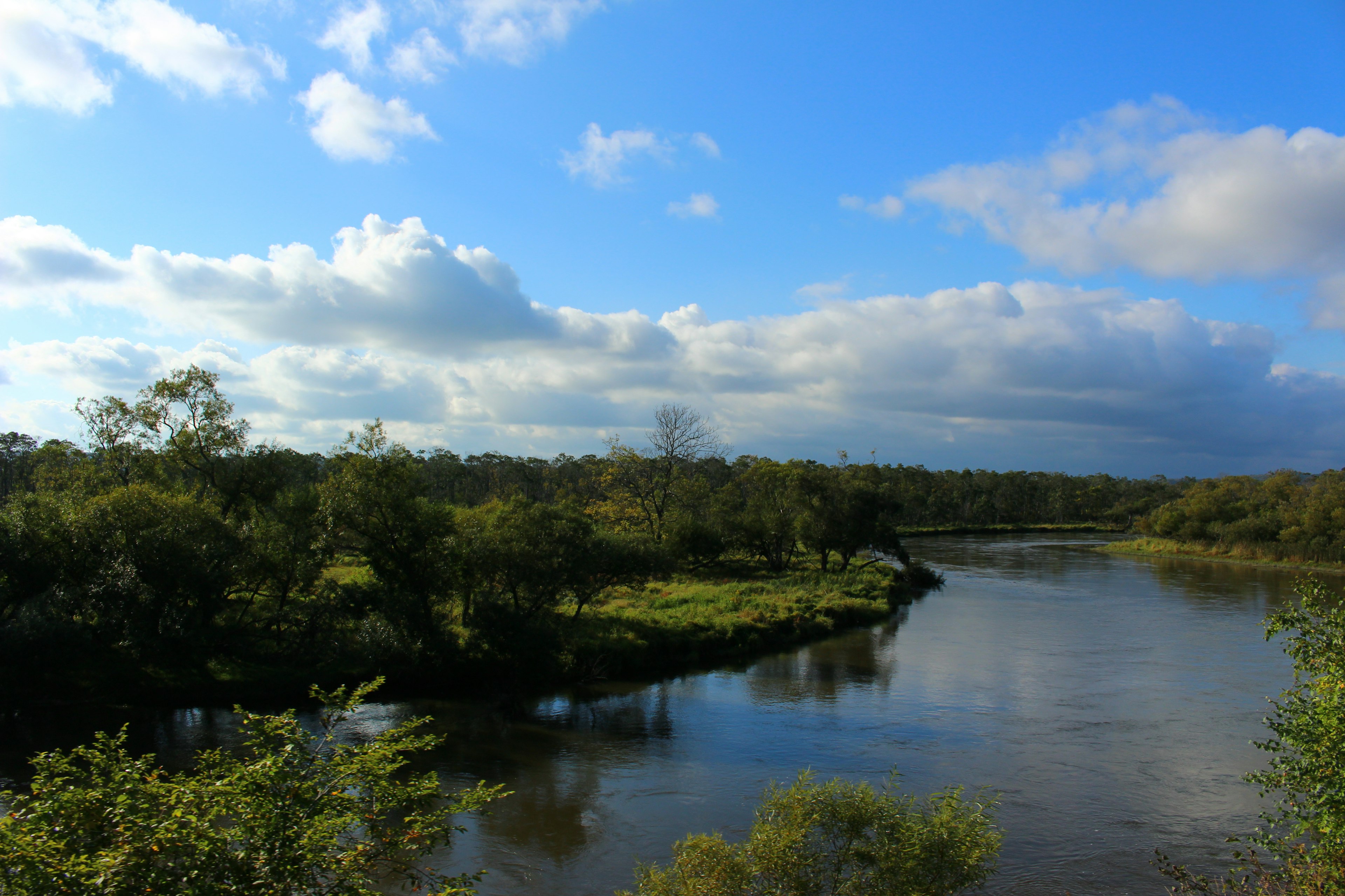 Flusslandschaft mit blauem Himmel und Wolken grüne Ufer sichtbar