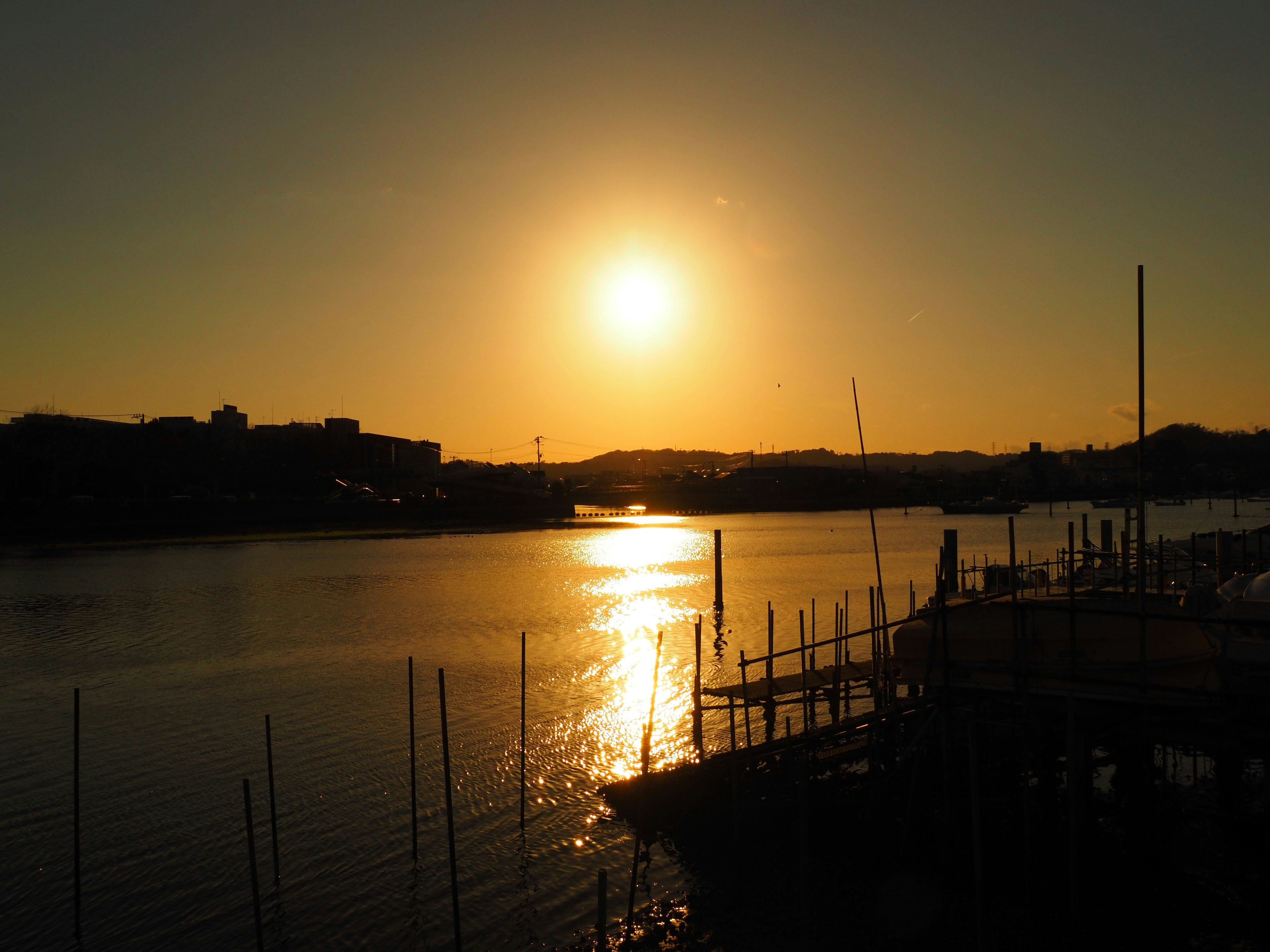 夕日が水面に反射する港の風景