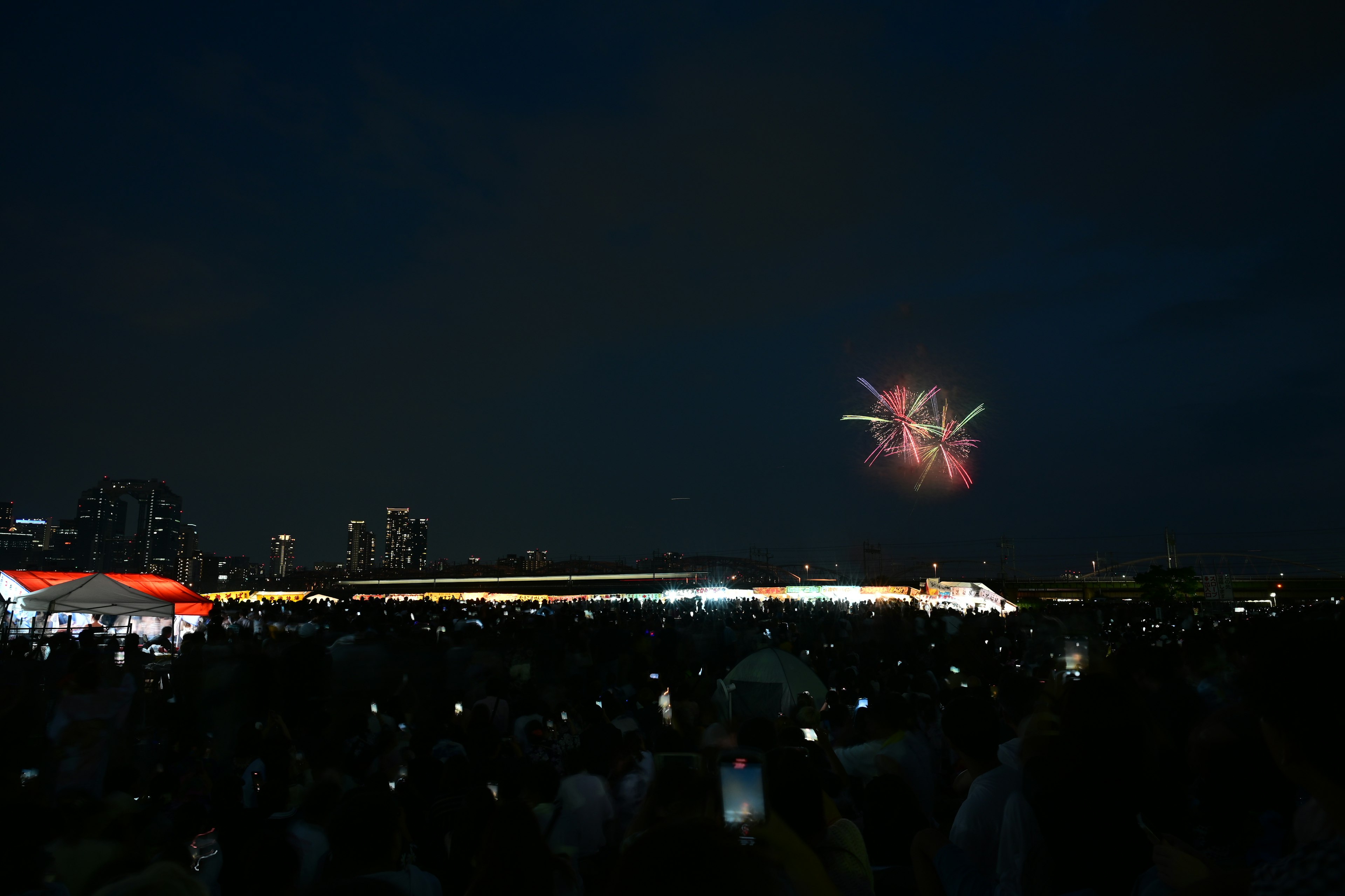 夜空中绽放的烟花与人群的轮廓