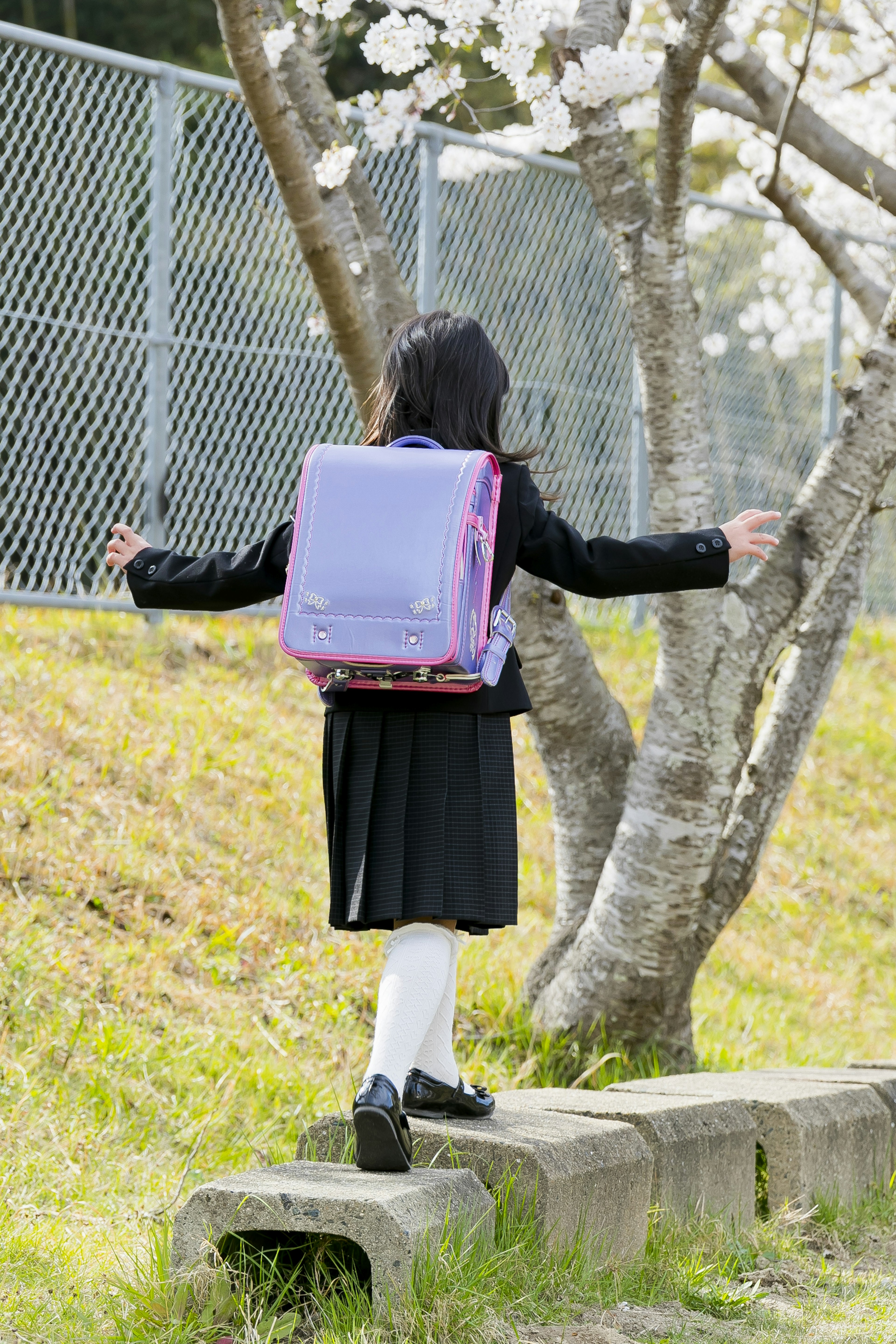 Ragazza in equilibrio su una pietra con uno zaino viola sotto un albero di ciliegio