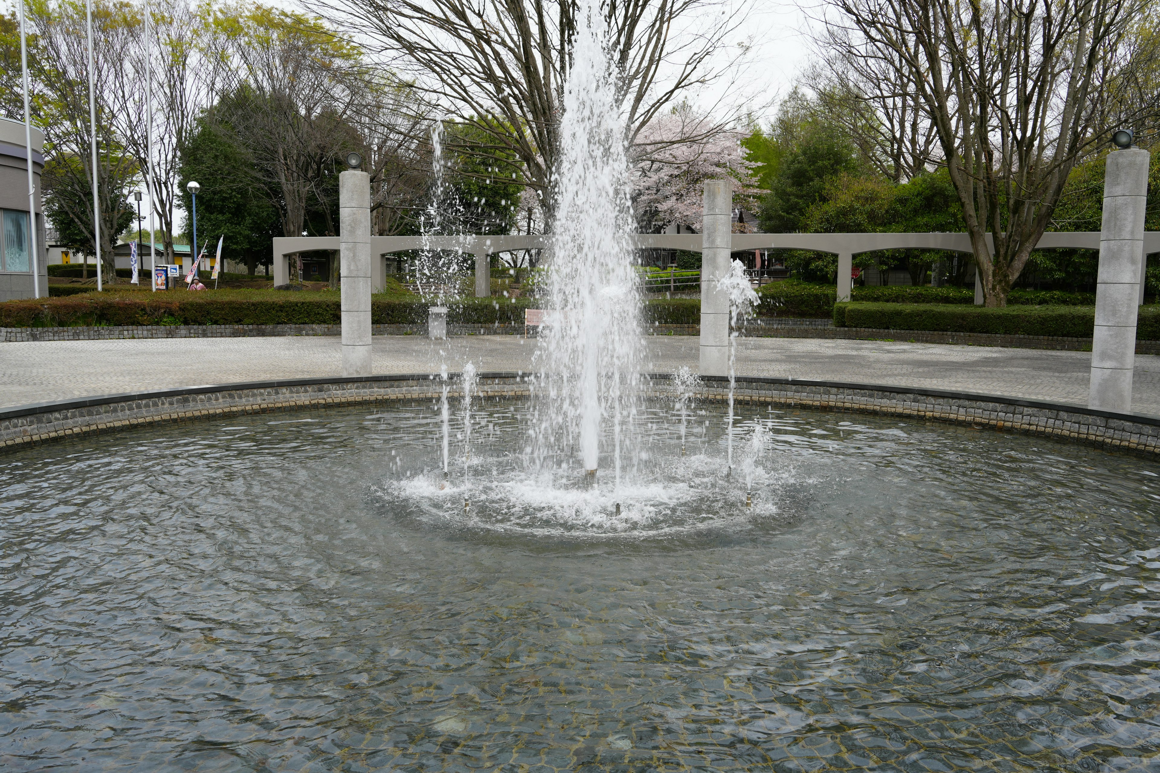 A circular fountain in the center of a quiet park water splashes upwards surrounded by green trees