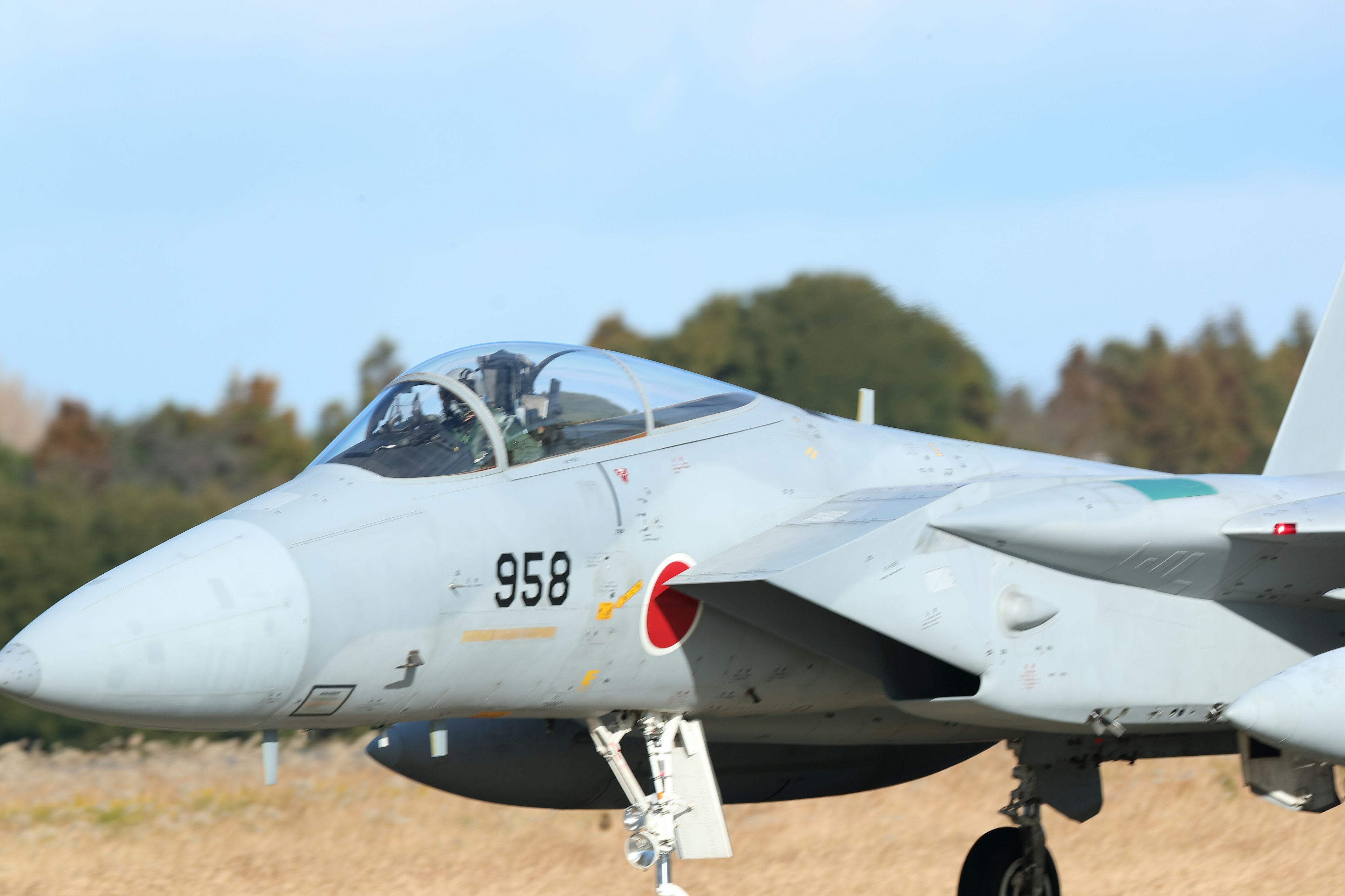 Vue latérale d'un avion de chasse avec le numéro 958 sur son fuselage gris