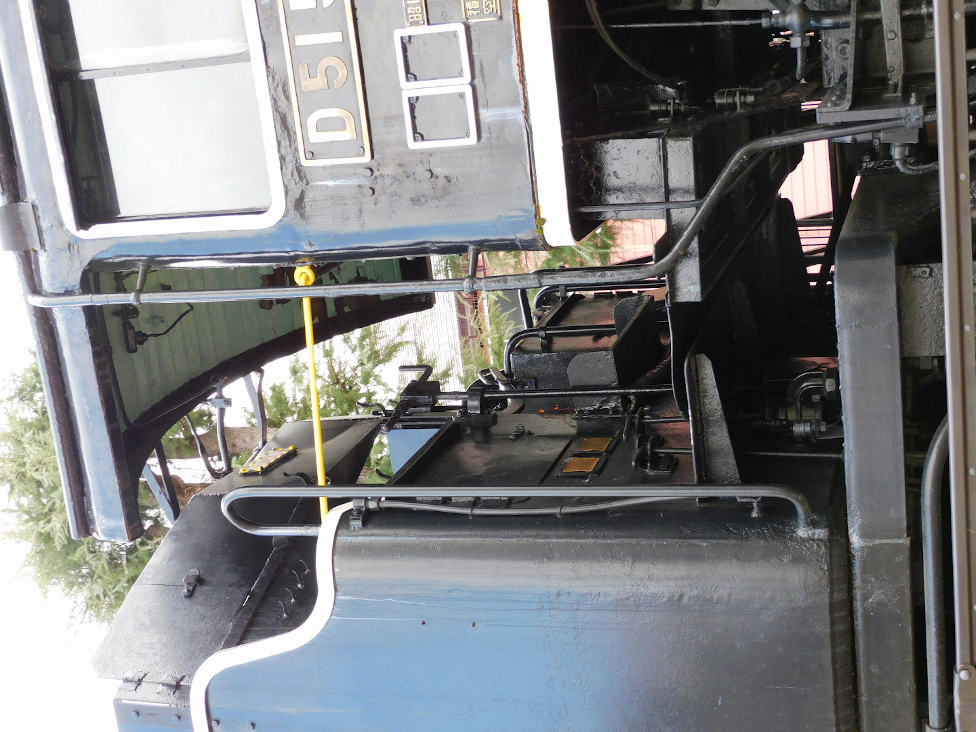 Vue latérale d'une locomotive à vapeur bleue portant le numéro D51