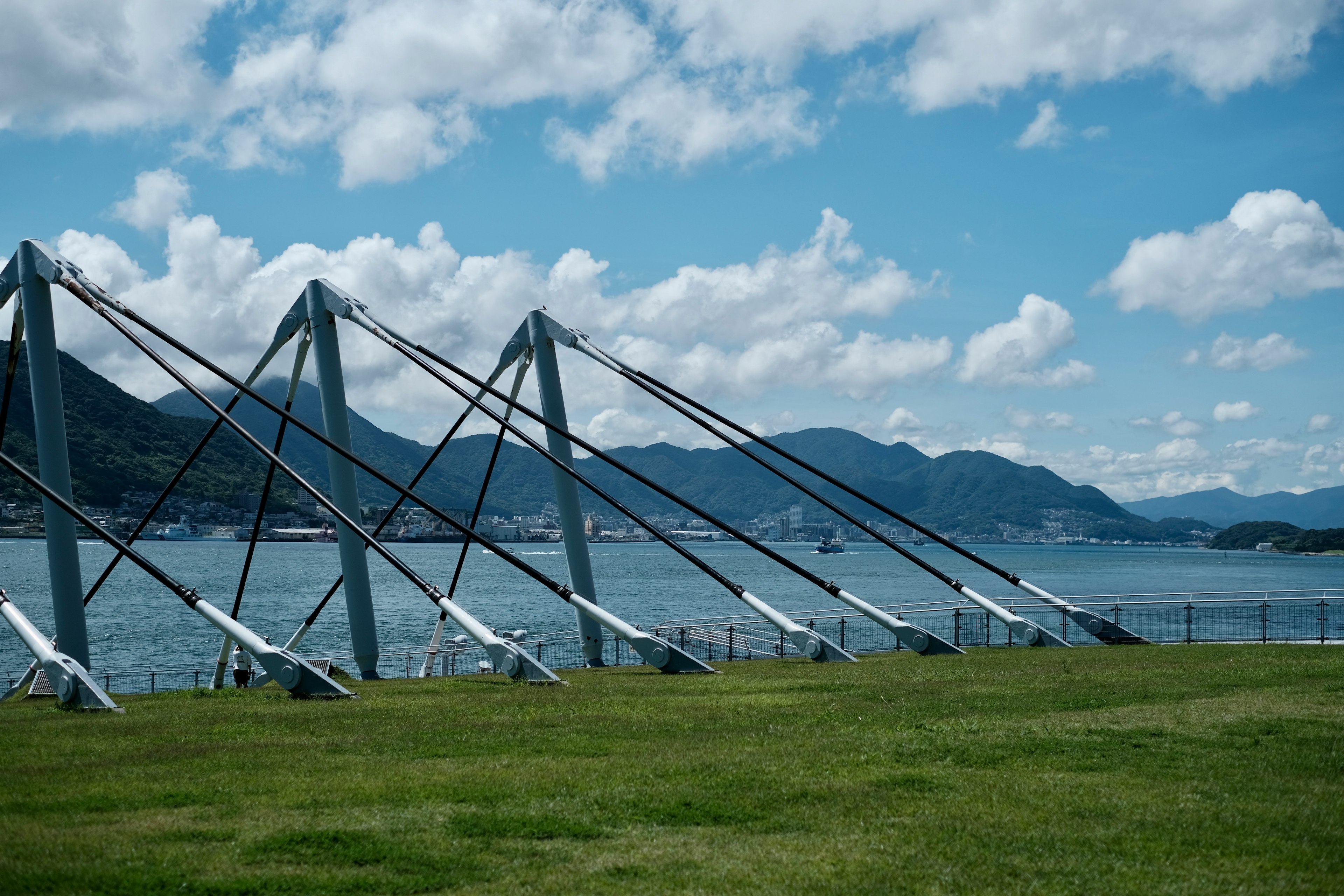 Vista panoramica di erba verde e riva sotto un cielo blu con nuvole