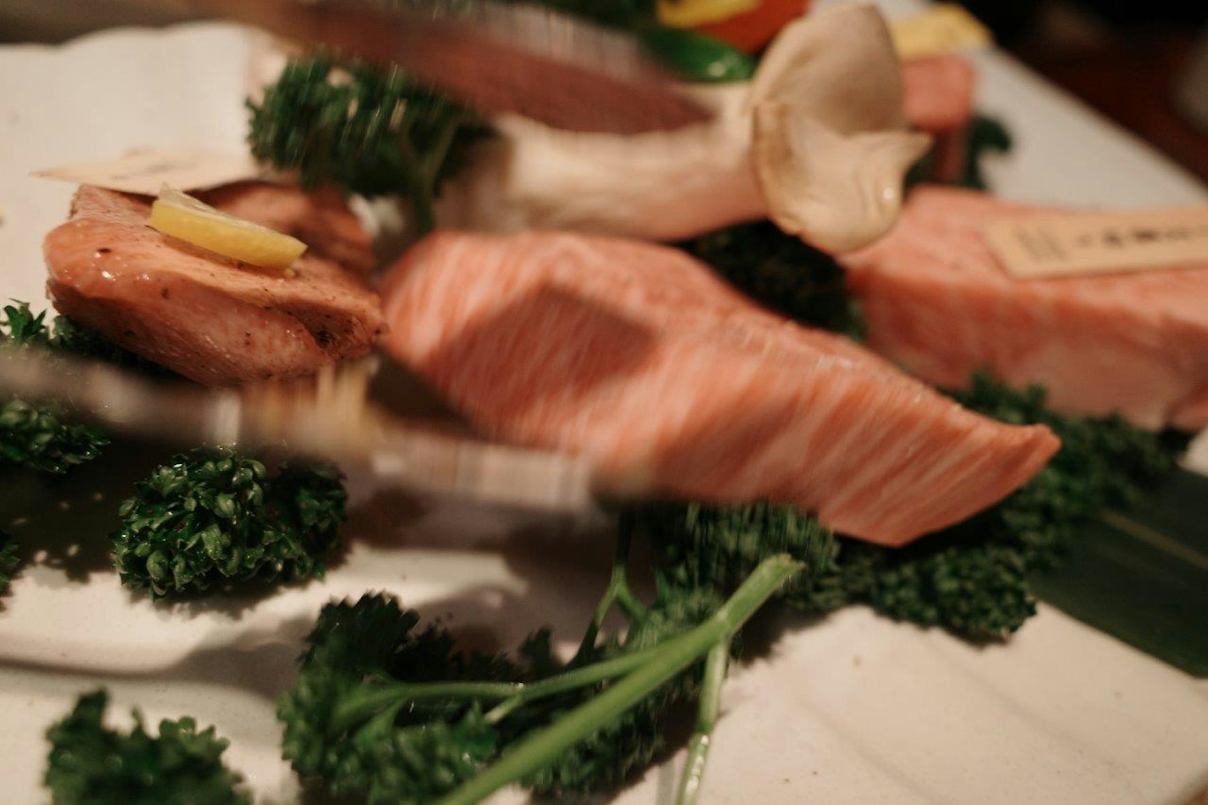 Salmon fillet arranged with parsley showcasing vibrant colors and artistic presentation