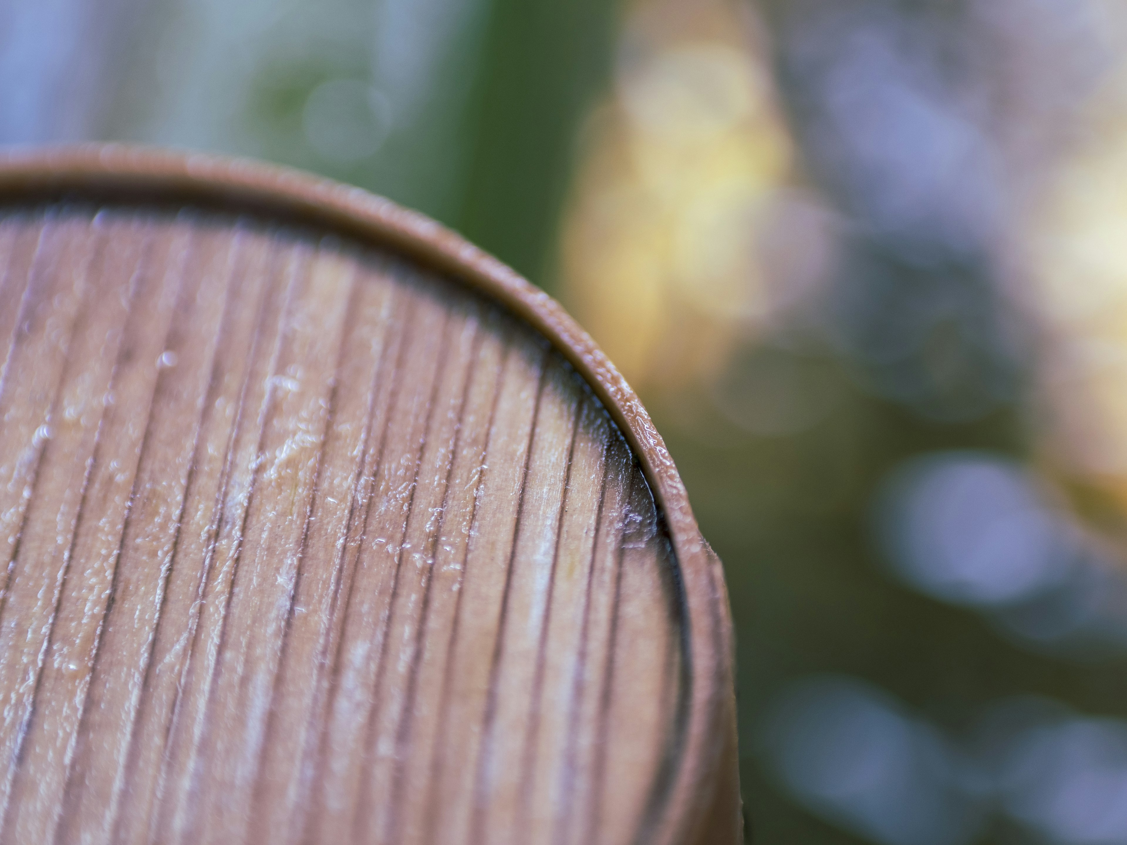 Close-up of a wooden table edge highlighting visible wood grain