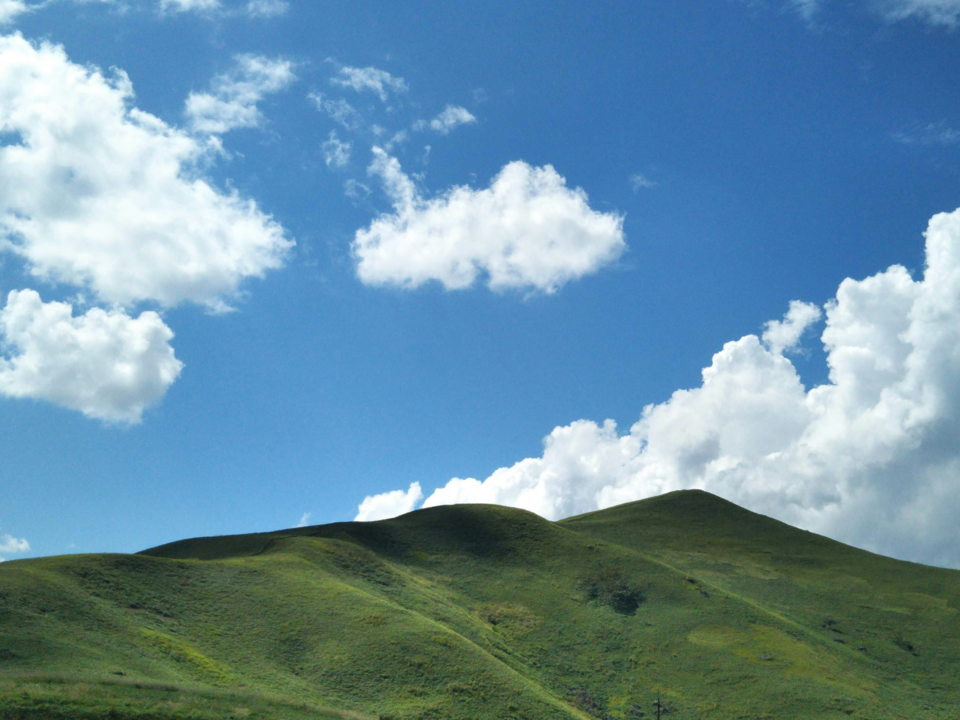 Green hills under a blue sky with fluffy white clouds