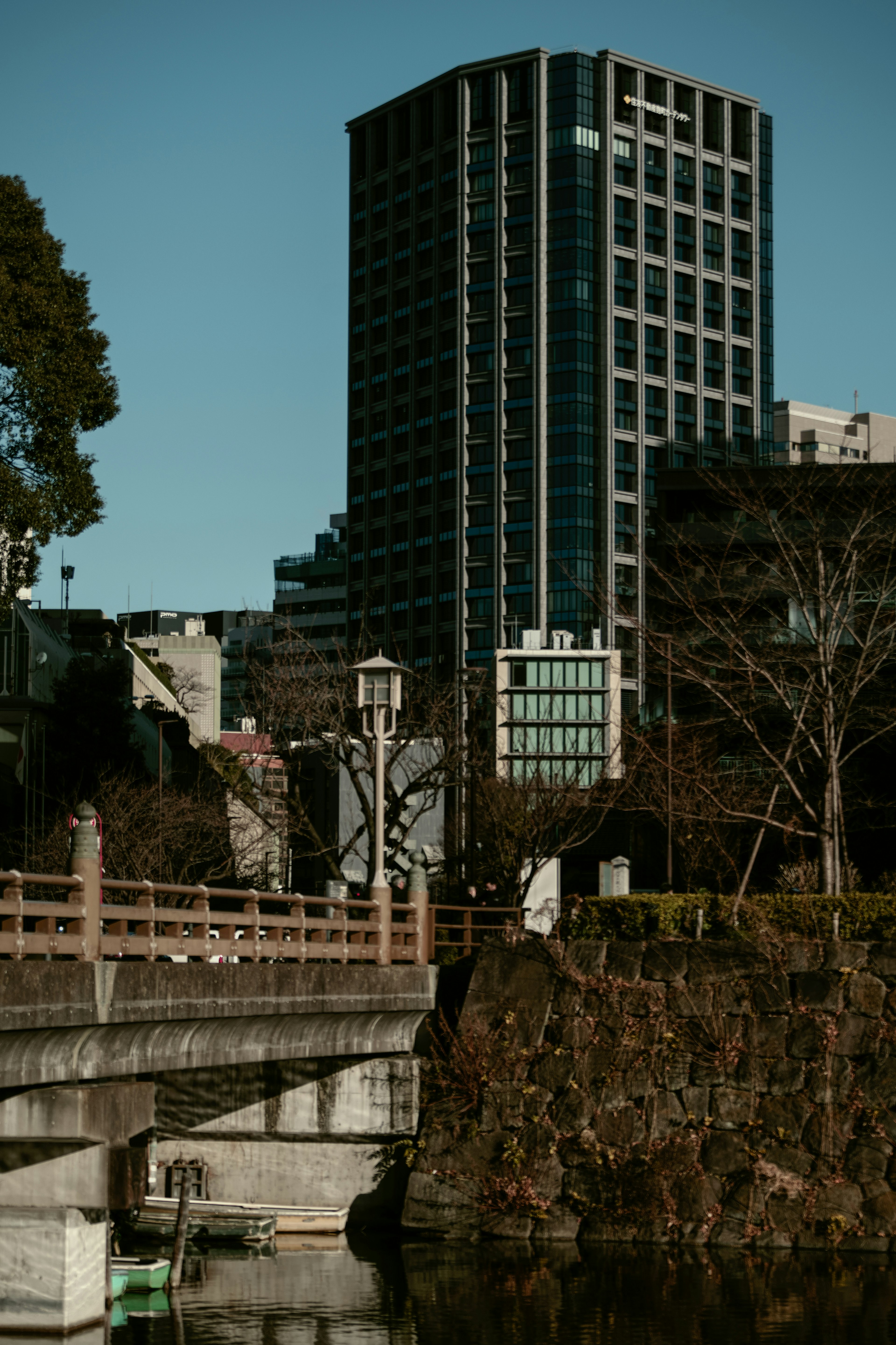 Vista panoramica con un edificio moderno accanto a un fiume e un ponte