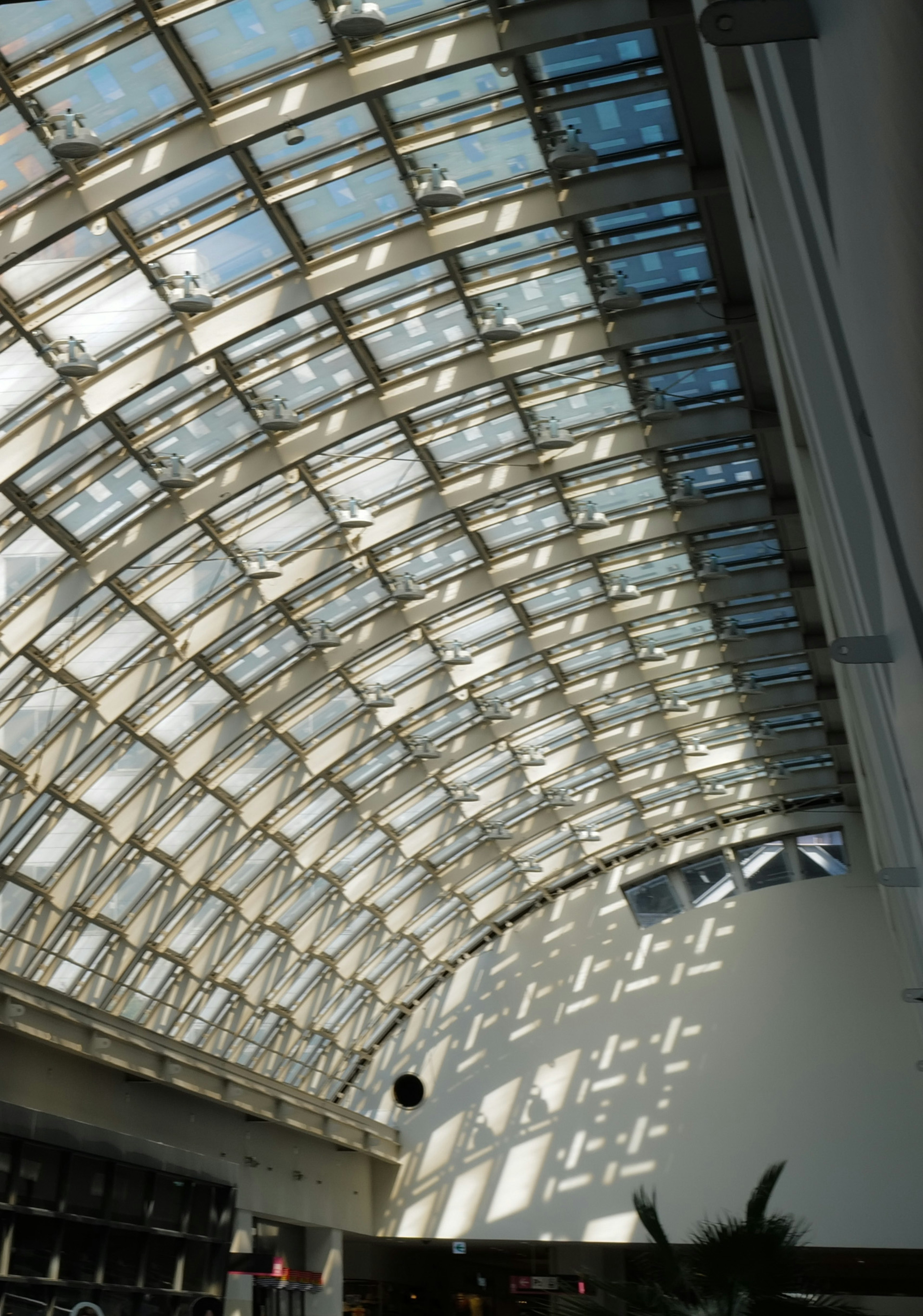 Interior view of a glass arched roof with shadow patterns