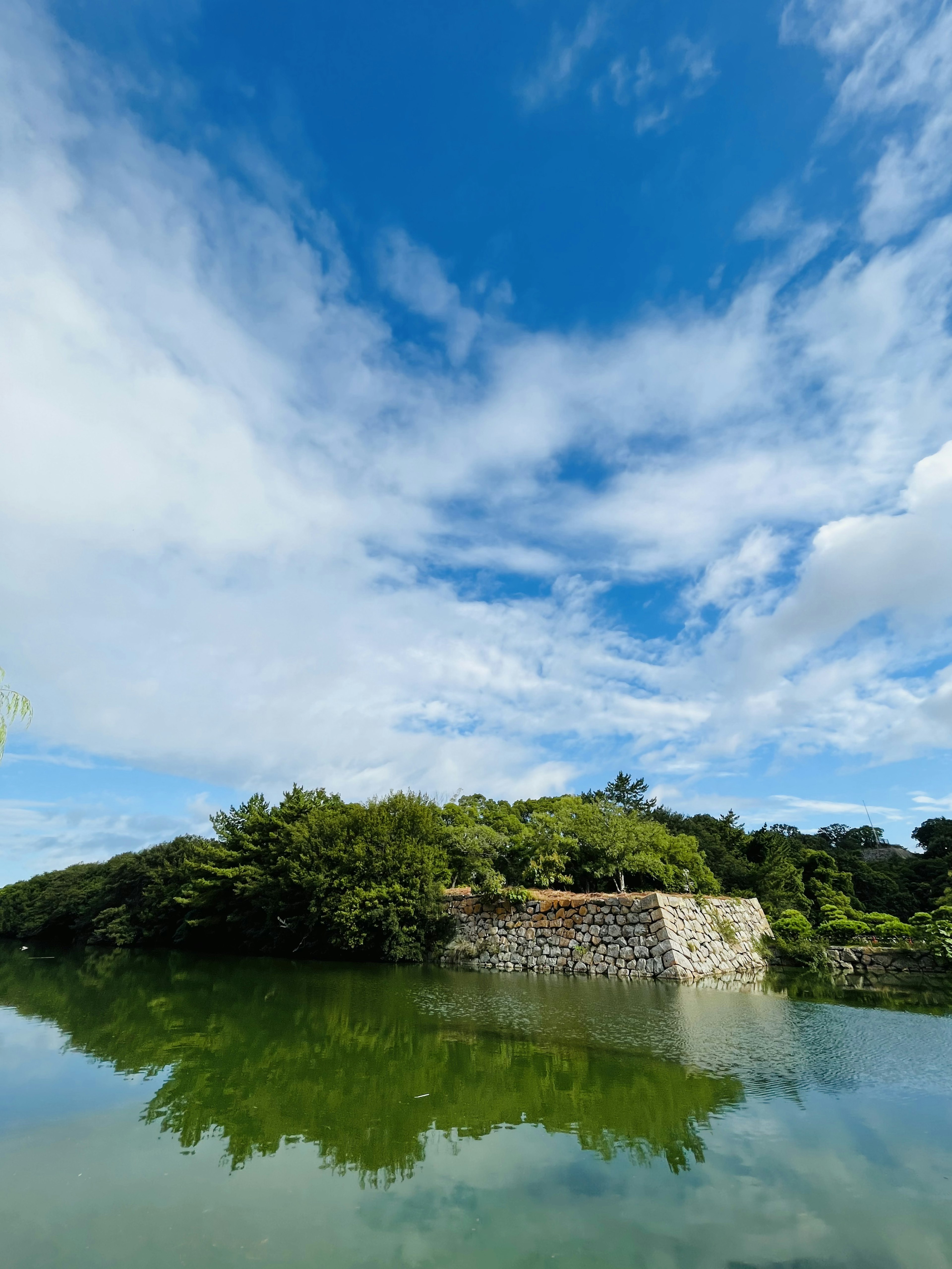 青い空と緑の木々に囲まれた堀のある古い城の風景