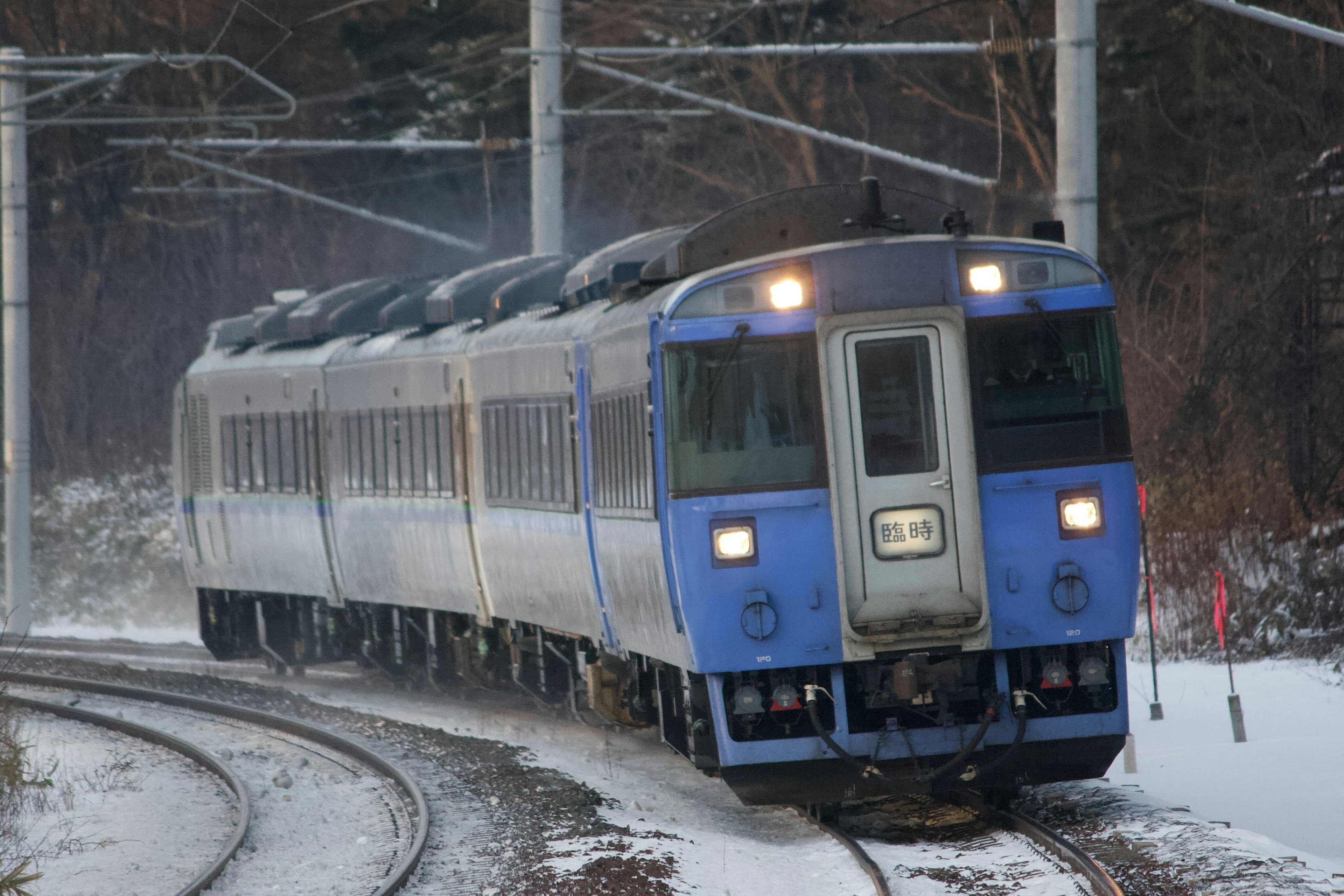 雪の中を走る青い列車の側面