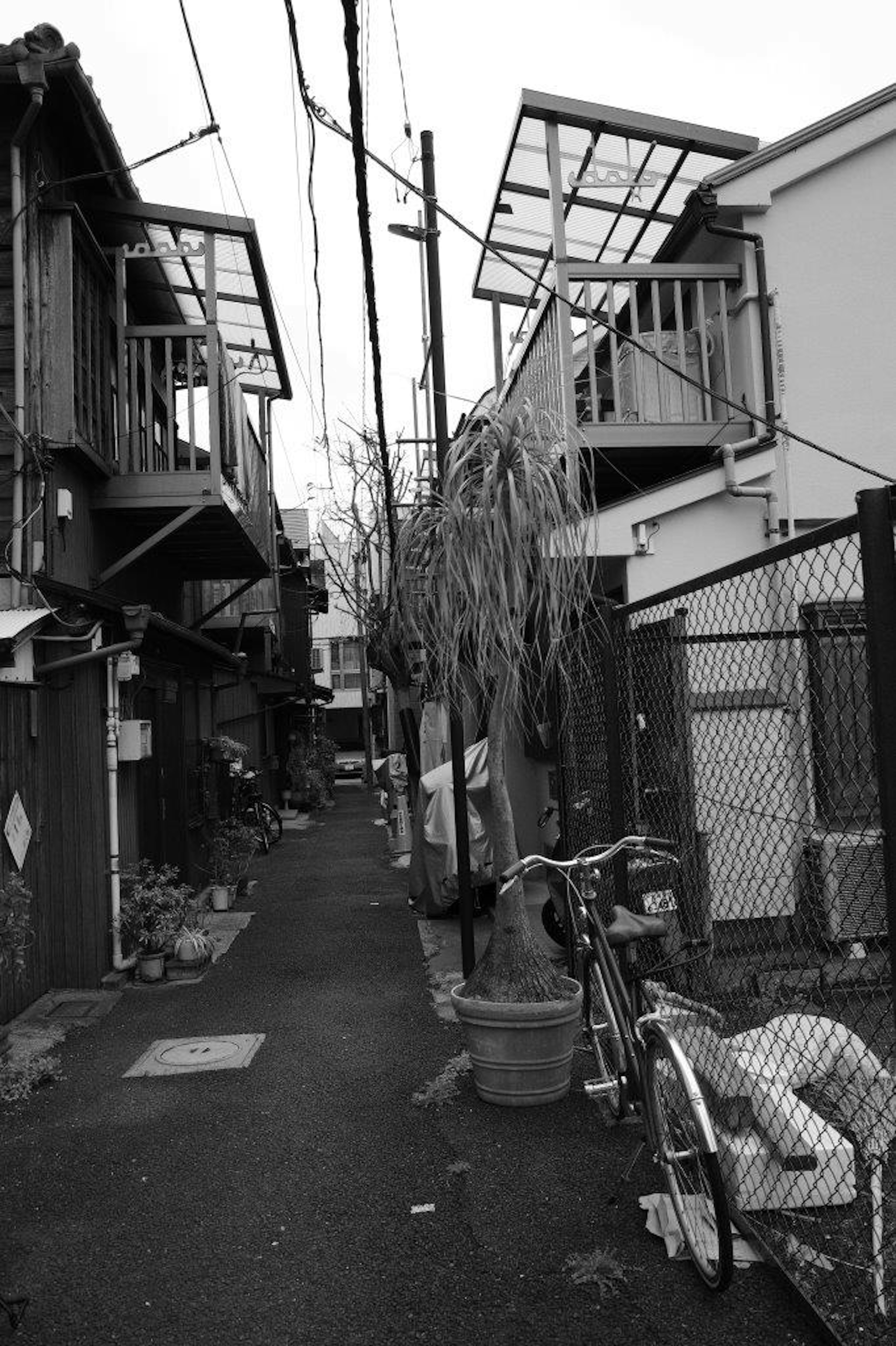 狭い路地に並ぶ古い家々と自転車が見える白黒の風景