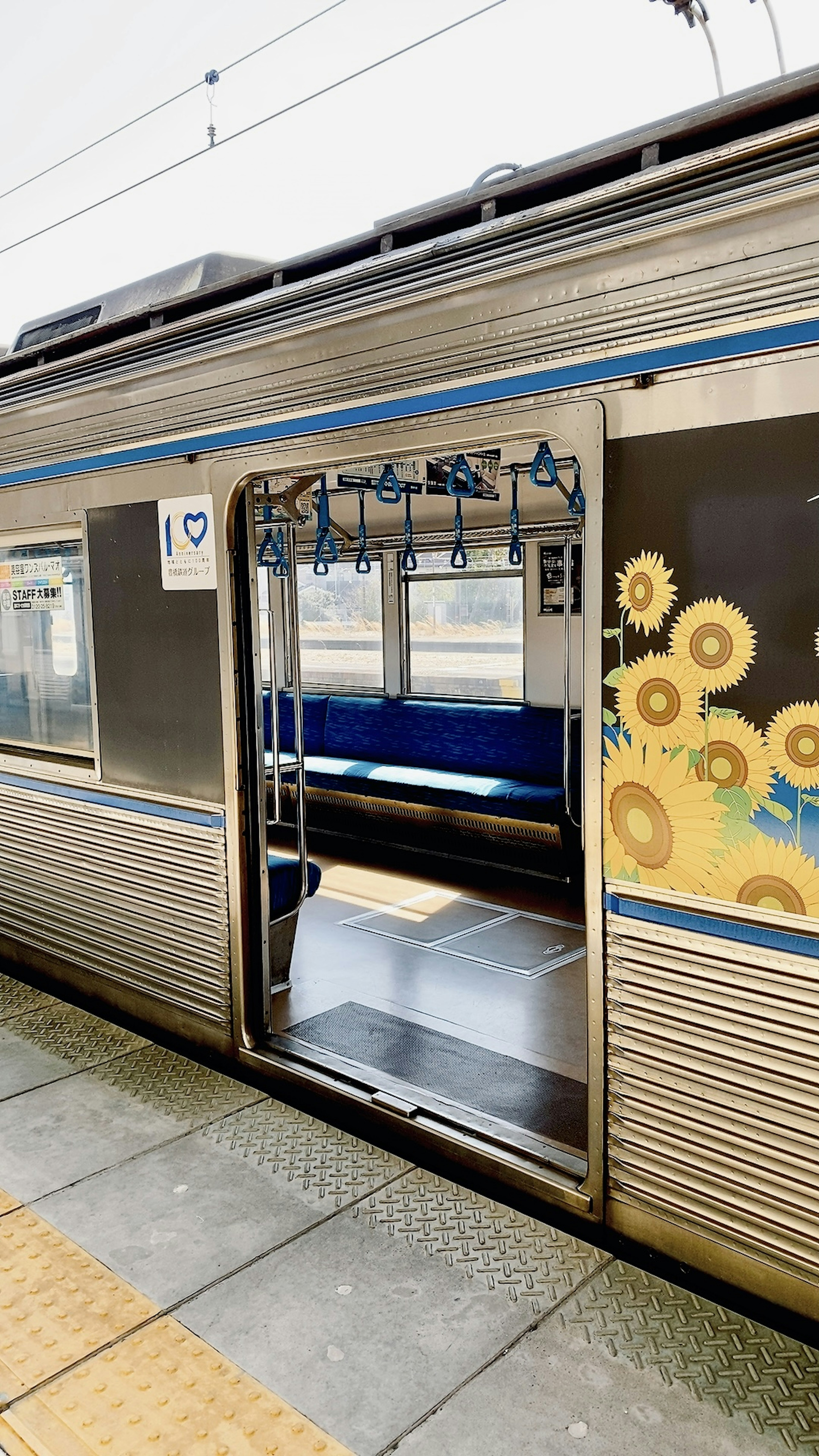 Puerta abierta de un tren en una estación mostrando asientos azules en el interior