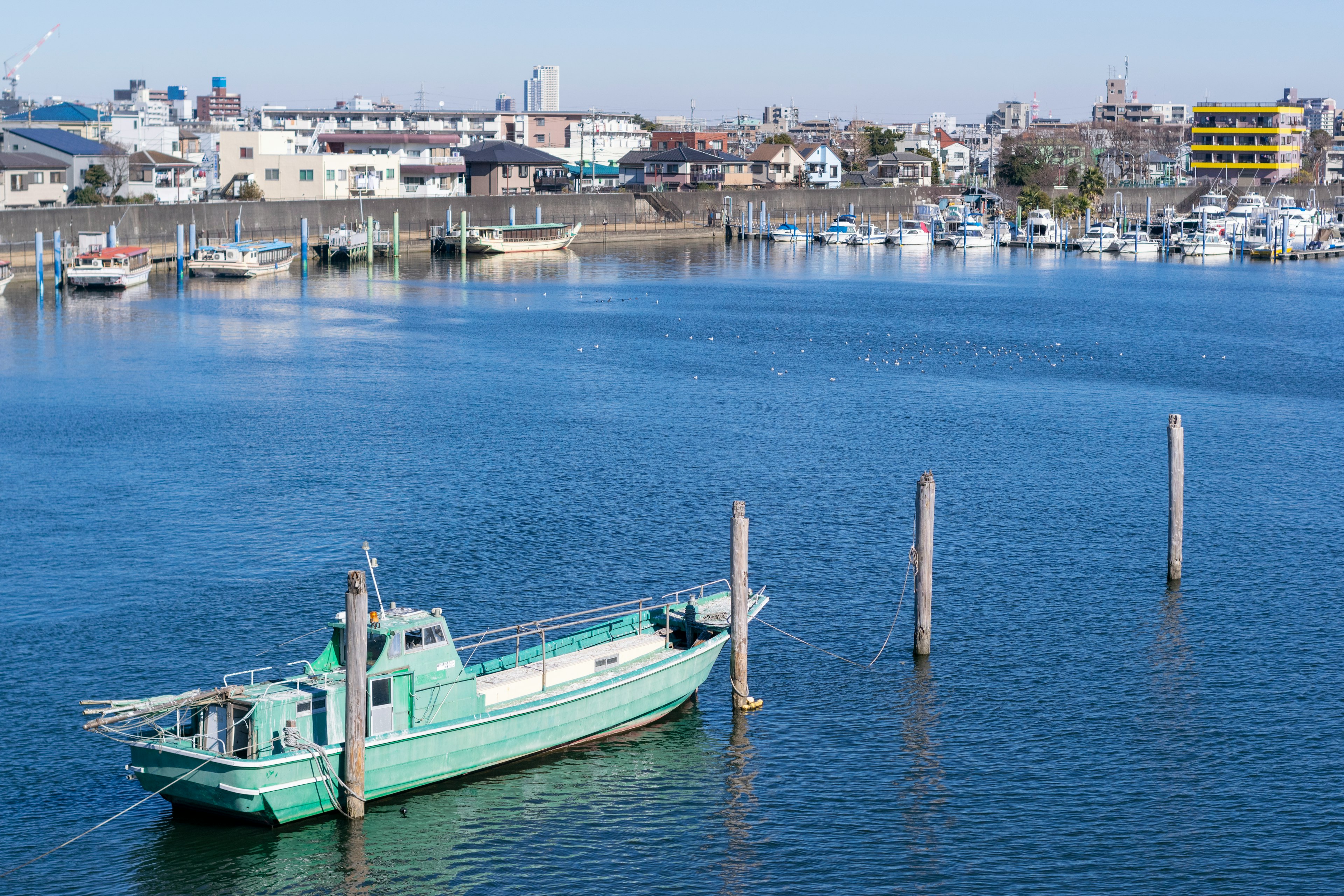 Bateau de pêche vert amarré sur l'eau bleue avec des bâtiments environnants