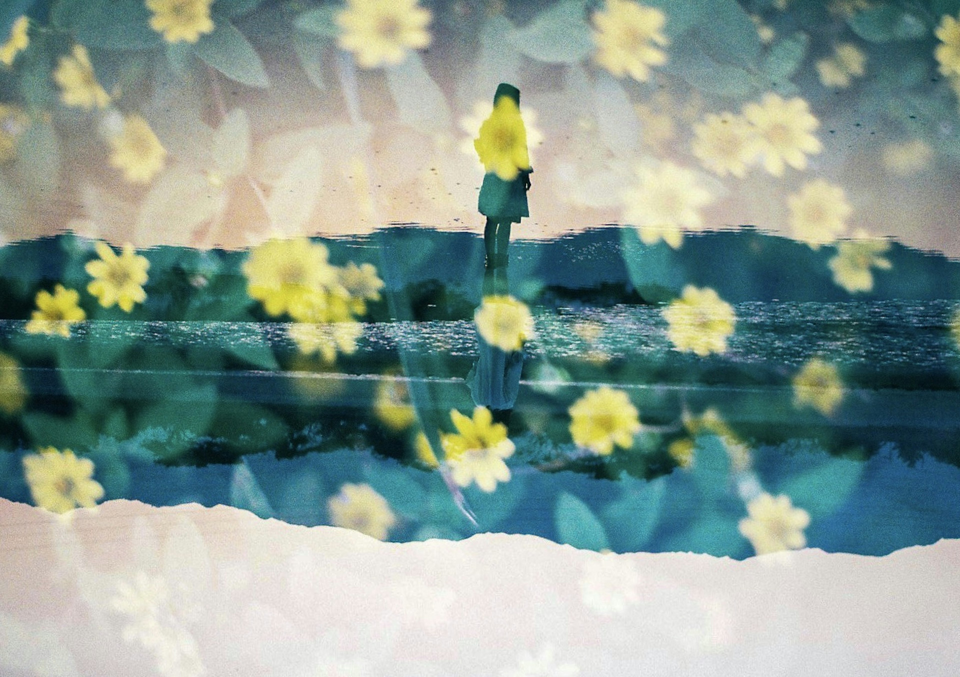 A woman standing in a serene landscape surrounded by flowers