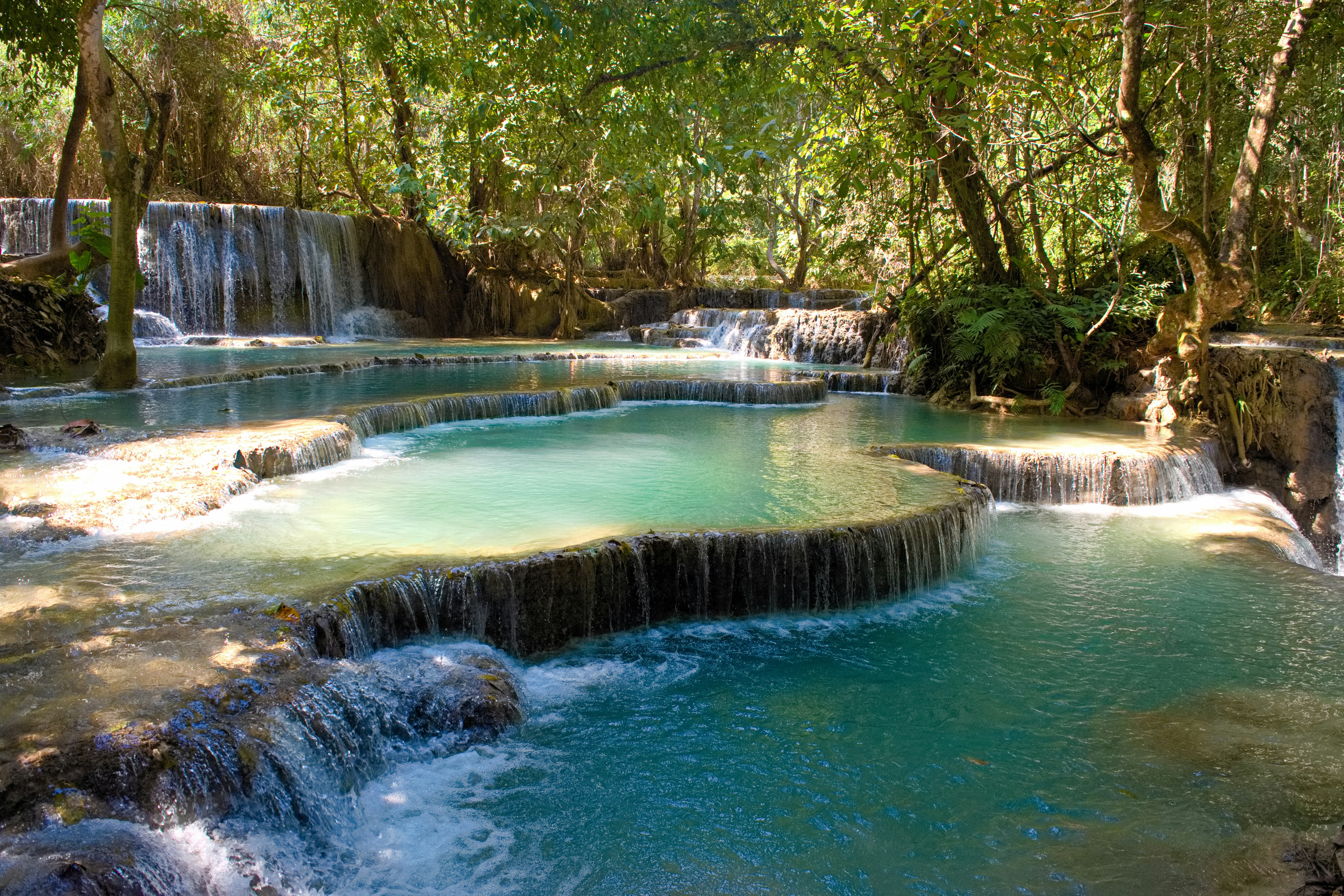 Hermosa cascada rodeada de vegetación con pozas de agua azul