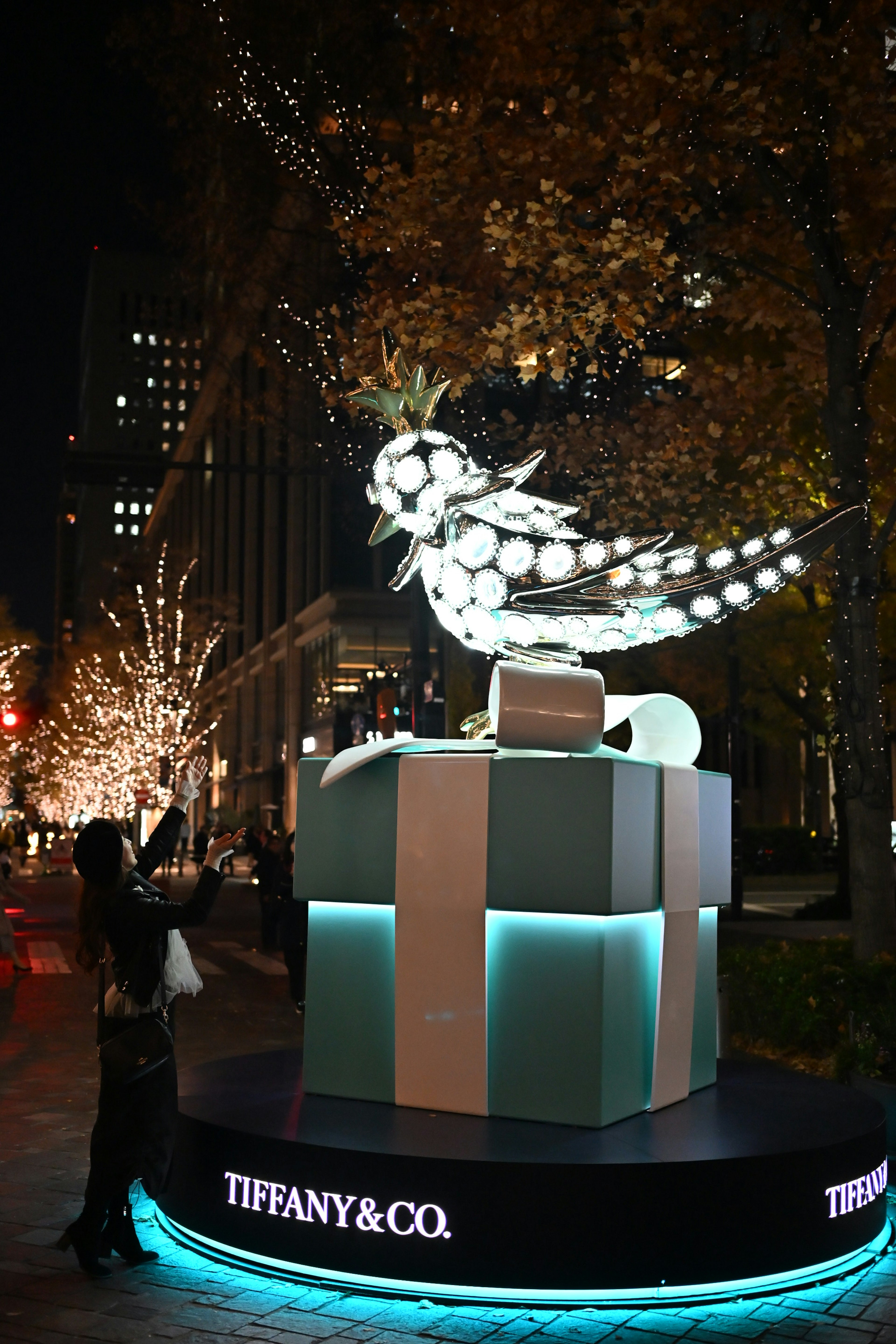 Scultura di uccello illuminata di Tiffany & Co in un paesaggio urbano notturno