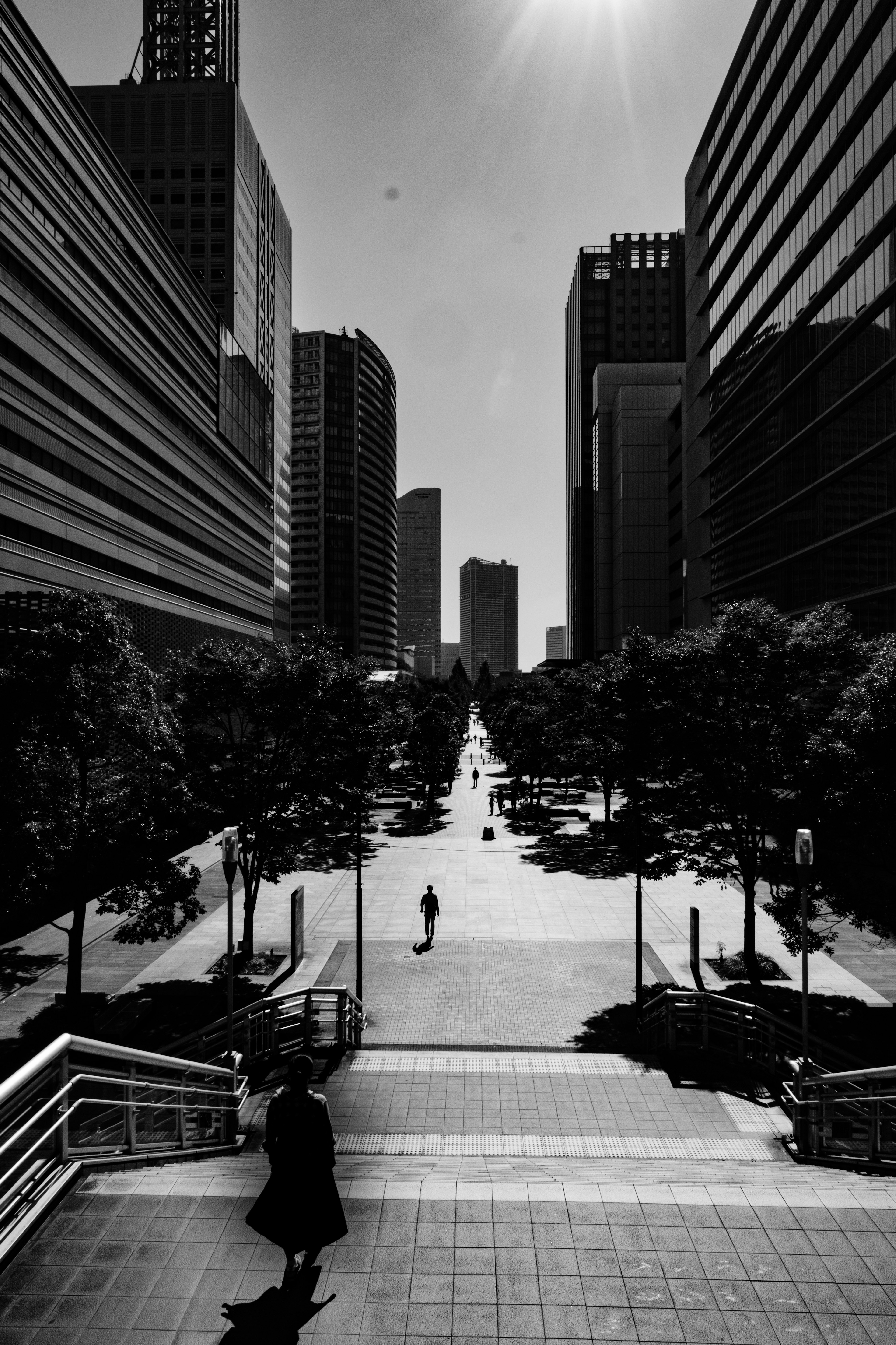 Paysage urbain en noir et blanc avec une personne marchant sur une large avenue