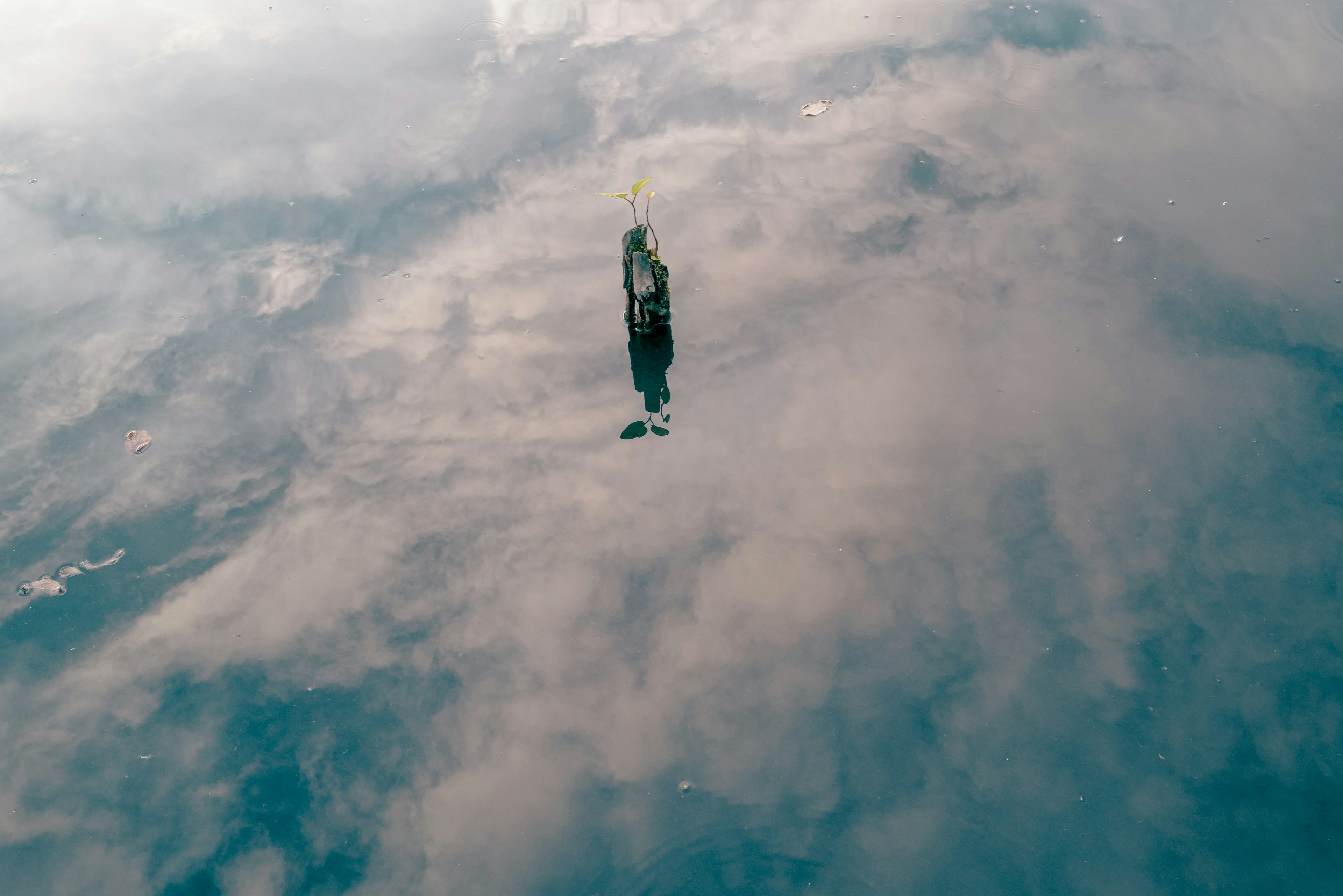 Una estructura que parece una isla flotando en el cielo reflejada en las nubes