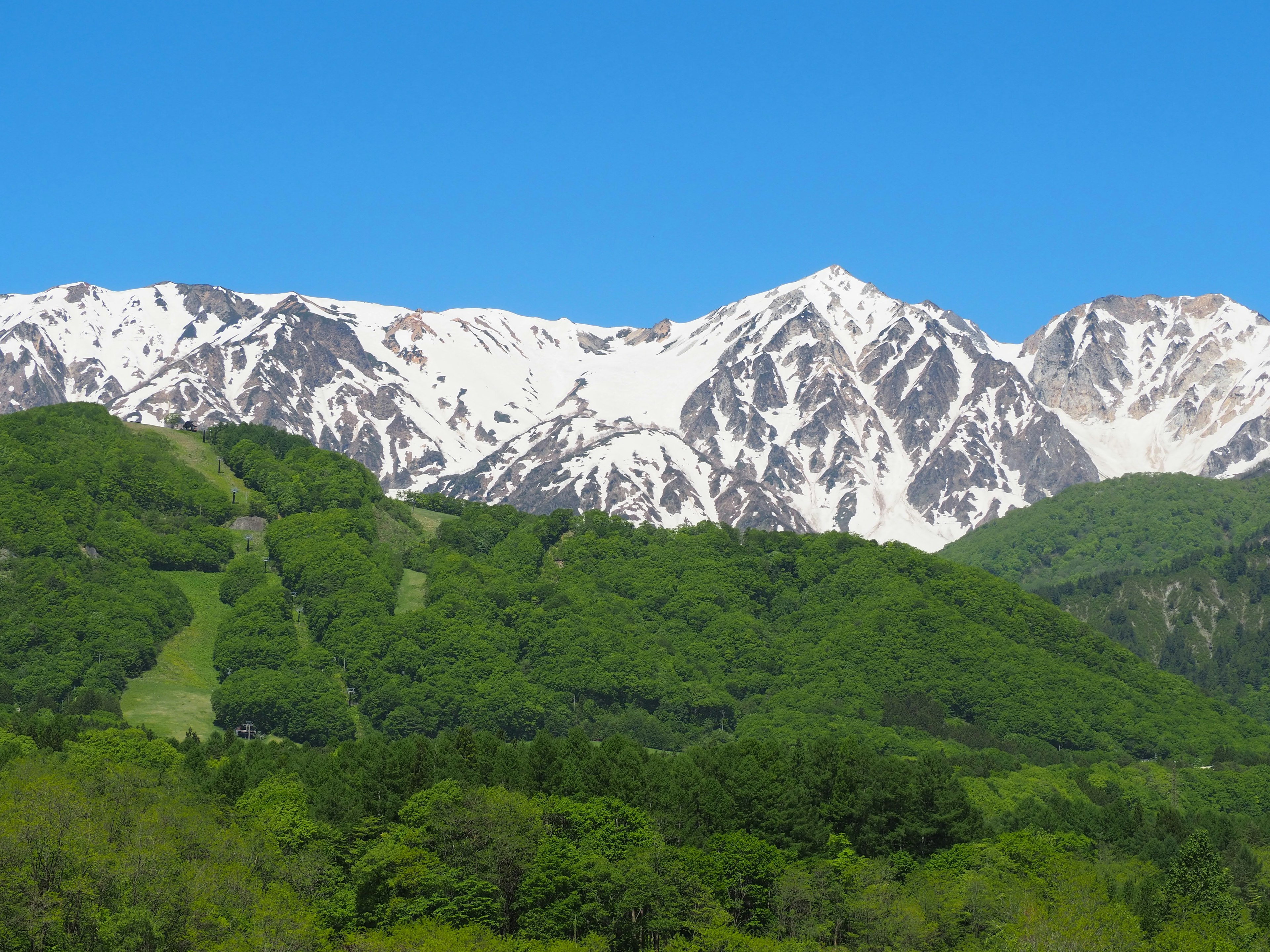 Montagne verdi con cime innevate sotto un cielo azzurro