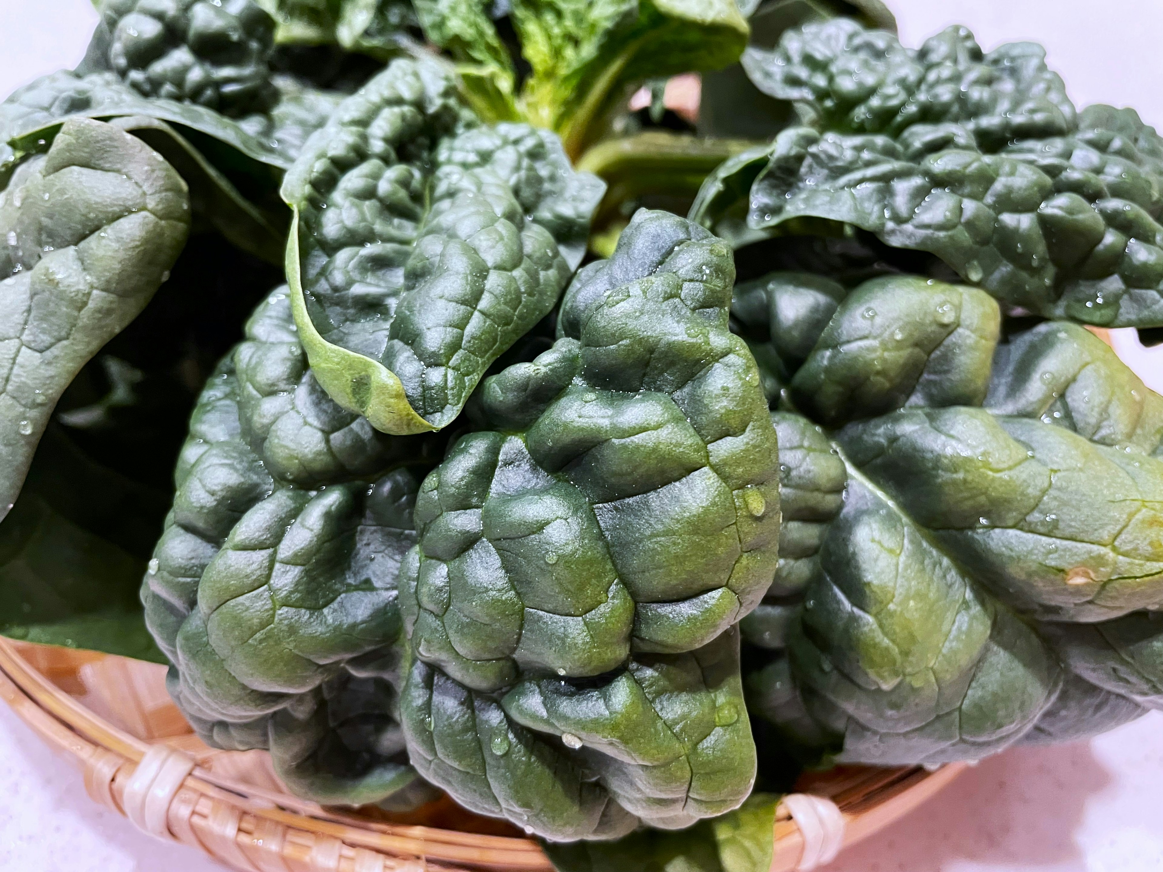 Feuilles d'épinards vert foncé et ridées dans un panier