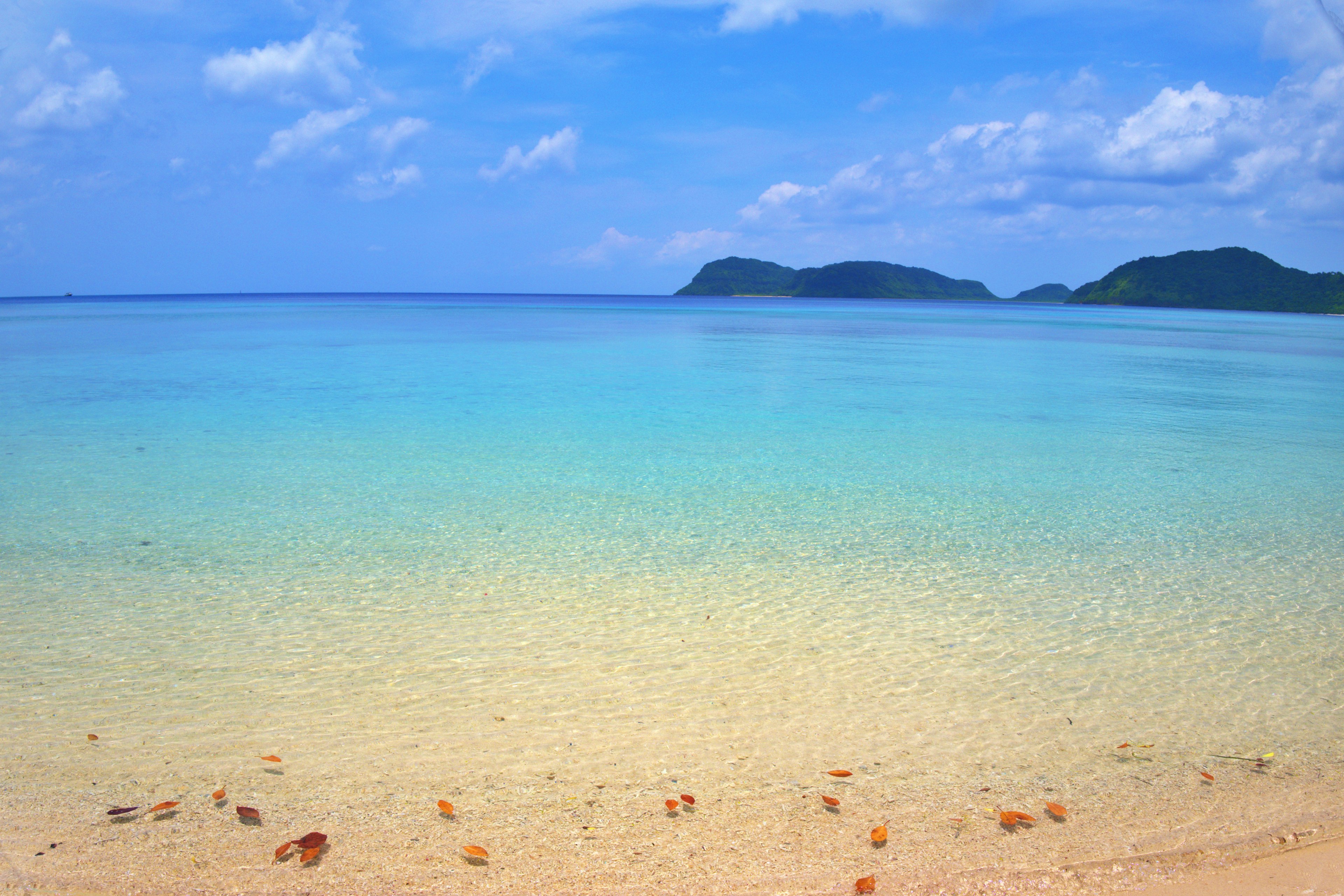 A serene beach scene with clear water and blue sky